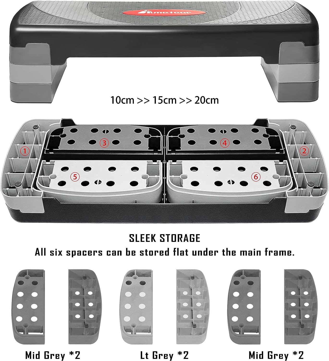 METEOR Aerobic Step Platform &ndash; Three Level Adjustable Stepper (10Cm-15Cm-20Cm) for Home & Gym Cardio Workouts & Fitness Training, Textured Non-Slip Surface, Max Capacity 200Kg image number 6