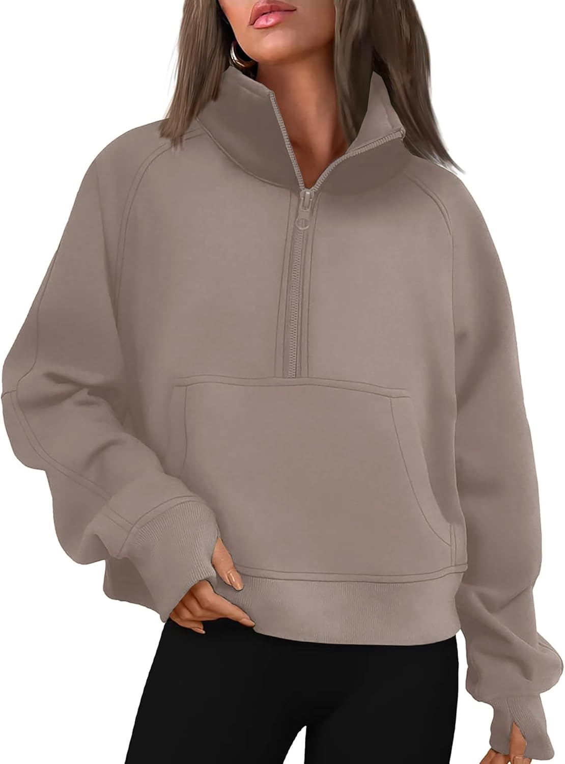 Oyamiki Womens Sweatshirt Long Sleeve Half Zip Pullover Tops Fashion Cropped Hoodie Casual Fall Fleece Lined with Thumb Hole