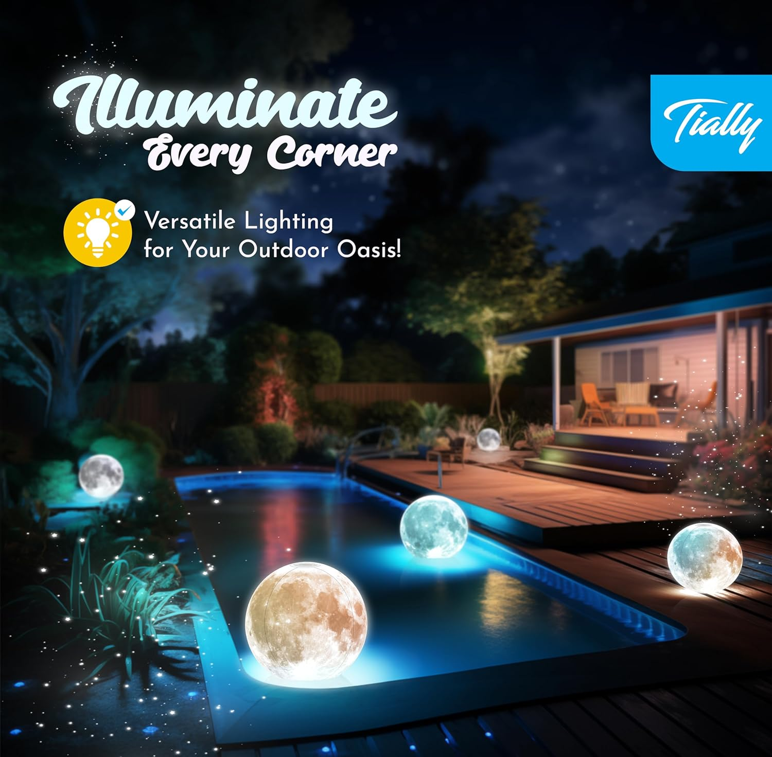 TIALLY Full Moon Floating Pool Lights Solar Powered - 14" Inflatable Light up Pool Balls for Swimming Pool, Solar Pool Lights That Float, Best Gifts for Pool Owners (2 Pack) image number 3
