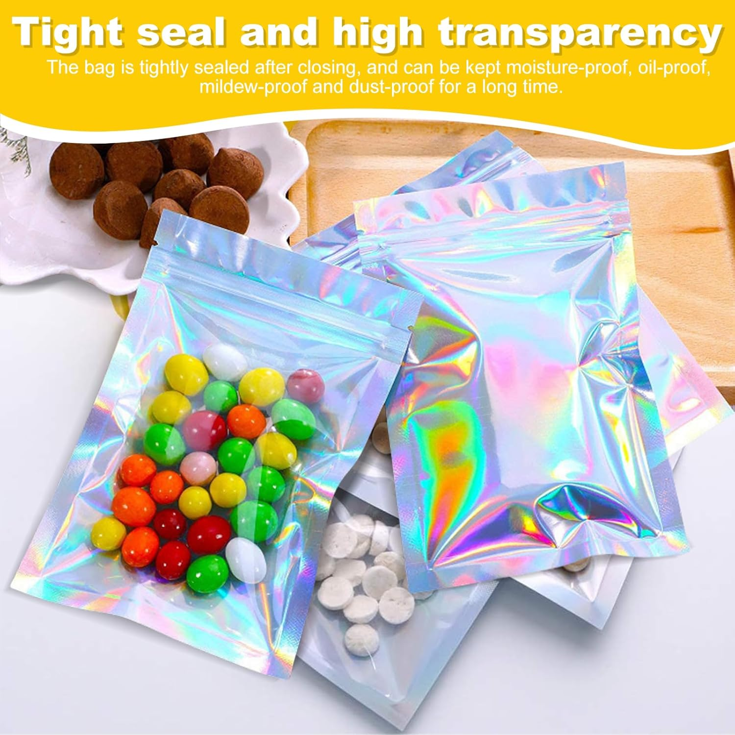 100Pcs Smell Proof Mylar Bags 2.7X3.9Inch Resealable Foil Pouch Holographic Zip Bags Packaging Pouch Bag with Clear Window for Food Storage Small Business Eyelash Lipgloss Jewelry Storage (7 * 10Cm)