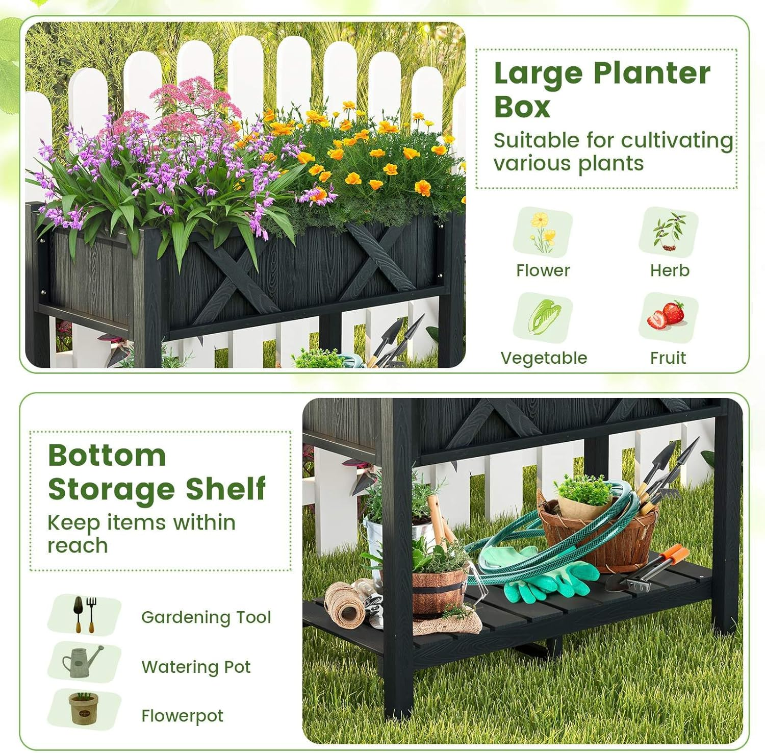 Costway HIPS Raised Garden Bed, Poly Wood Elevated Planter Box W/Legs, Storage Shelf, Drainage Holes, Weather-Proof Standing Growing Bed Planter for Flower Herb Vegetable Fruit, 5-10 Year Warranty image number 2