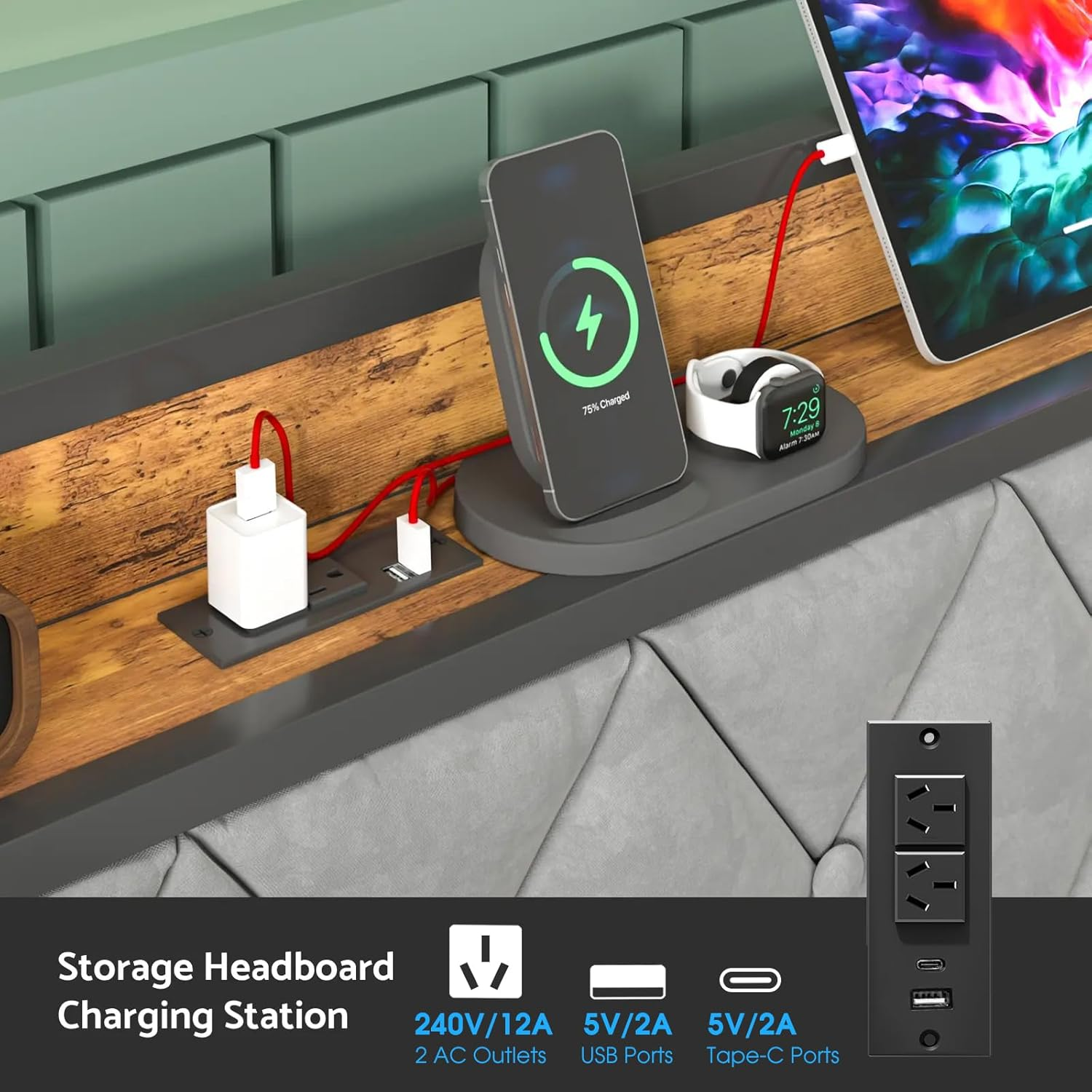 Ufurniture Bed Frame Queen Size Metal Frame Storage Headboard with Charging Station and USB Ports Retro (Queen) image number 5