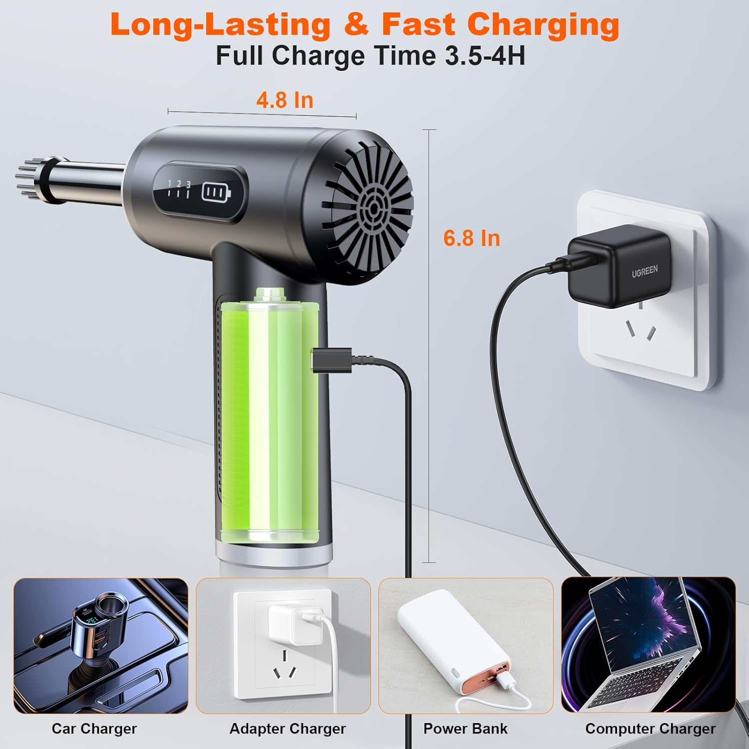 Lecoirrax Compressed Air Duster, 3 Gear Adjustable 130000RPM Electric Air Duster with LED Light, Rechargeable Cordless Air Blower for Keyboard Car Computer Office Cleaning, Replace Compressed Air Can image number 2