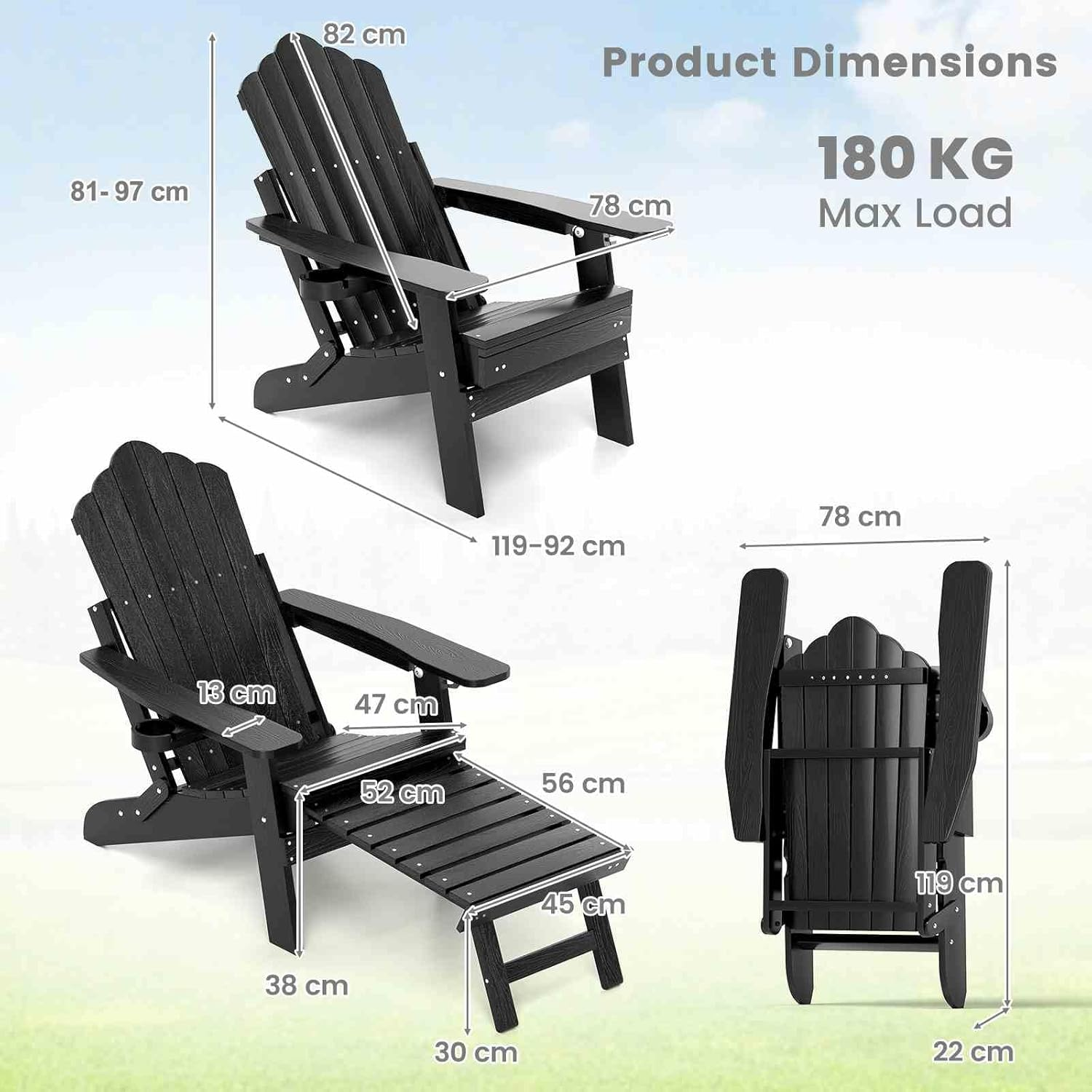 Costway Patio Adirondack Chair, All-Weather HIPS 180Kg Loaded Lounge Chair W/Retractable Footrest & Adjustable Backrest, Outdoor Folding Adirondack Chaise Lounge for Lawn, Backyard (Black) - Black-2 Packs image number 6