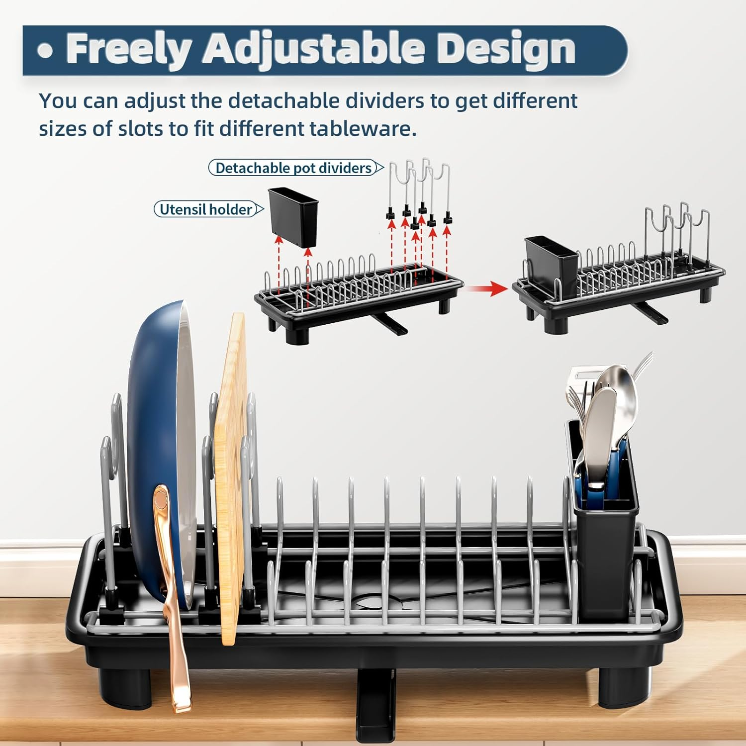 Sandream Small Dish Drying Rack, Compact Dish Rack for Kitchen Counter with Removable Cutlery Holder, 360&deg;Rotating Spout, Multifunctional Stainless Steel Dish Drainer, Space Saving image number 2