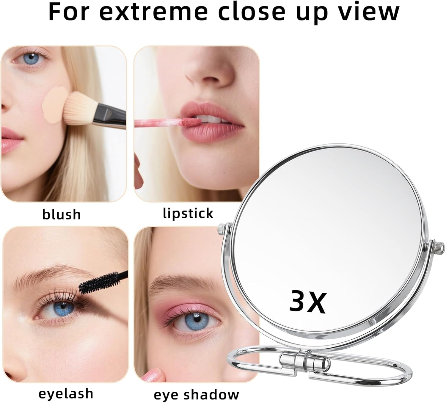 Portable Folding Travel Makeup Mirror,1X/3X Magnifying Vanity Mirror,Double-Sided 360&deg; Swivel,Handheld & Wall Hanging Metal Mirror for Home and On-The-Go Use,No Light (3Inch)