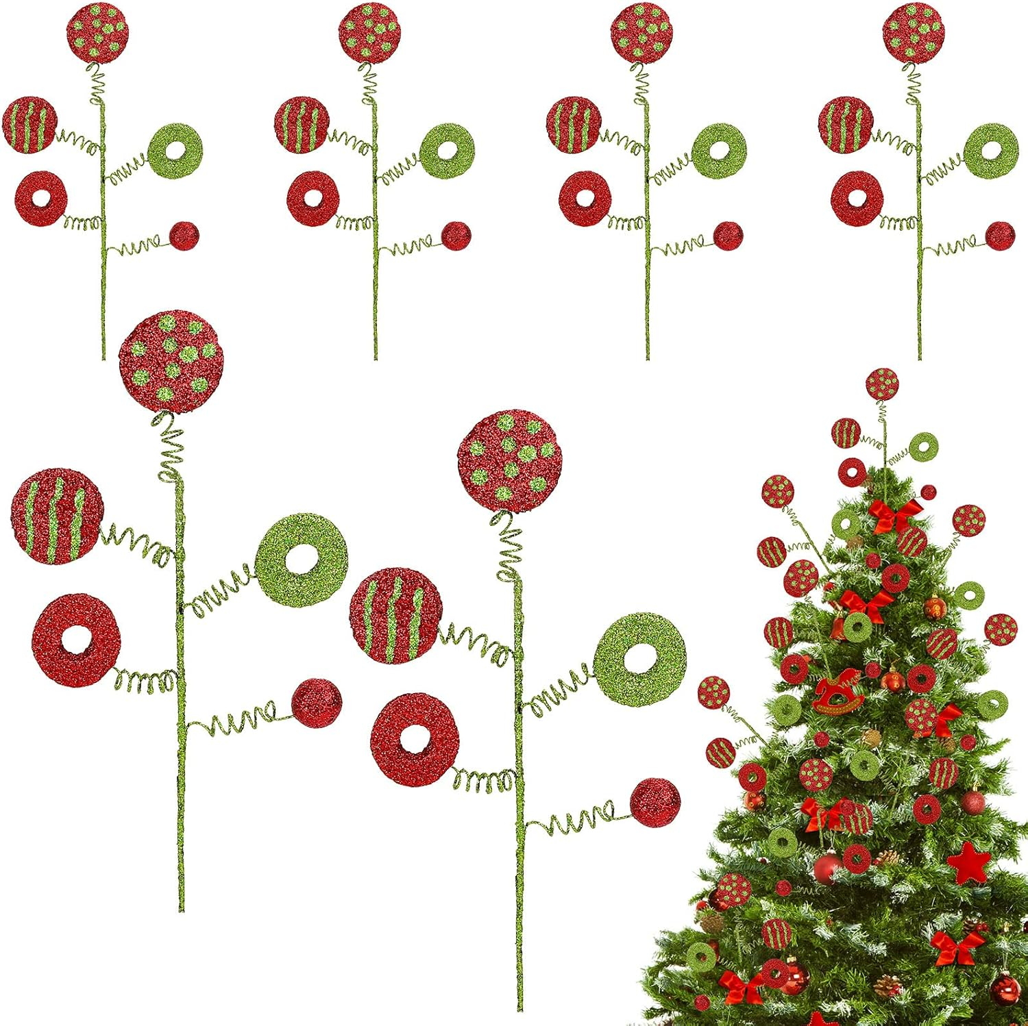 Whaline 6Pcs Christmas Tree Decoration Xmas Tree Curly Picks Red Green Craft Picks Holiday Table Centerpiece for Xmas Crafts Wreath Home Party Christmas Tree Decor Supplies image number 2