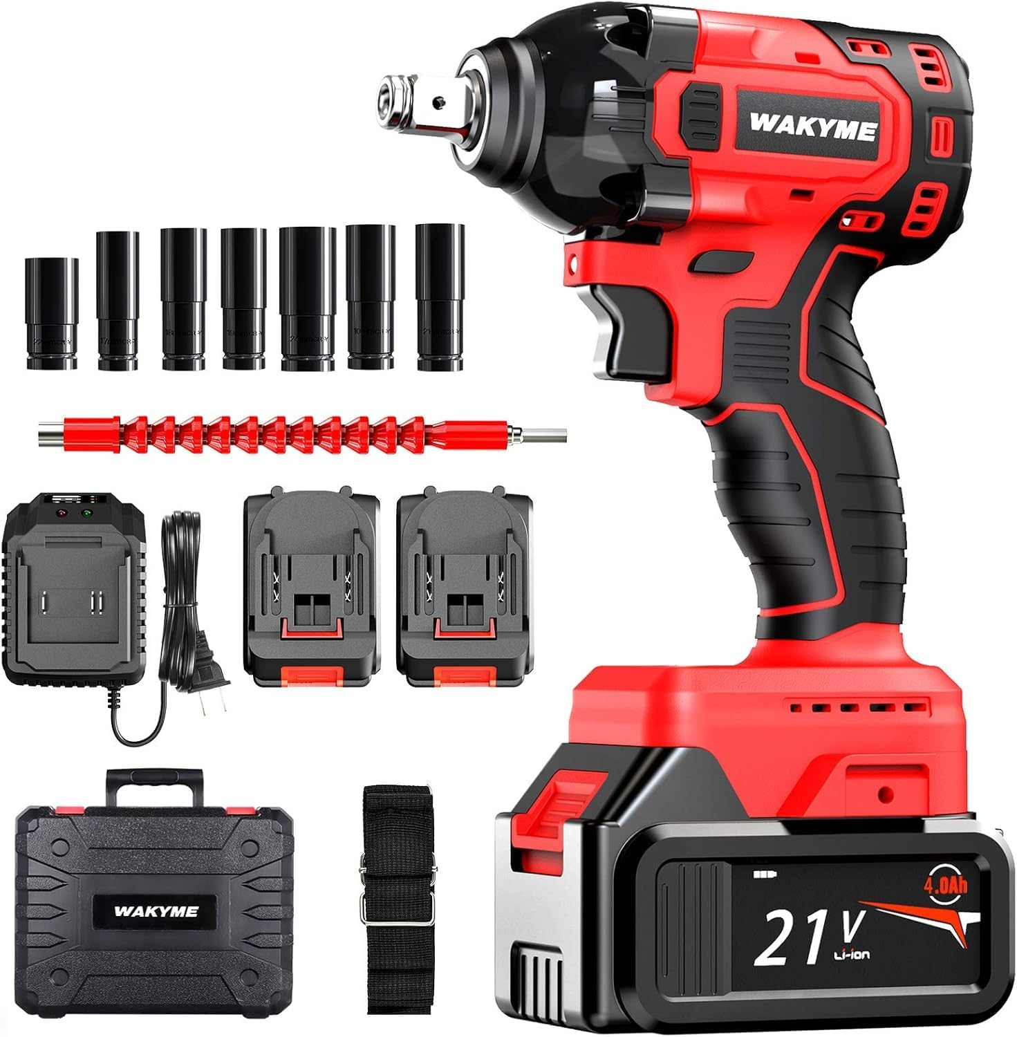 WAKYME 21V MAX Cordless Impact Wrench Kit, 1/2" Brushless Compact Wrench Power Tool Kit, TWO 4.0AH Li-Ion Battery, 7Pcs Driver Impact Sockets, Fast Charger, Belt Clip, Tool Box (250 Ft-Lb Torque) image number 6