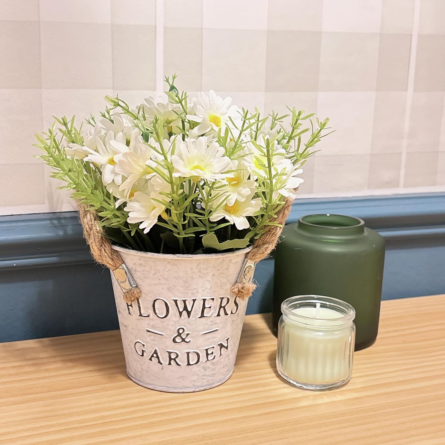 Midrodlle Artificial Potted Flower for Home Office D&eacute;cor-White Daisy with Metal Bucket image number 3