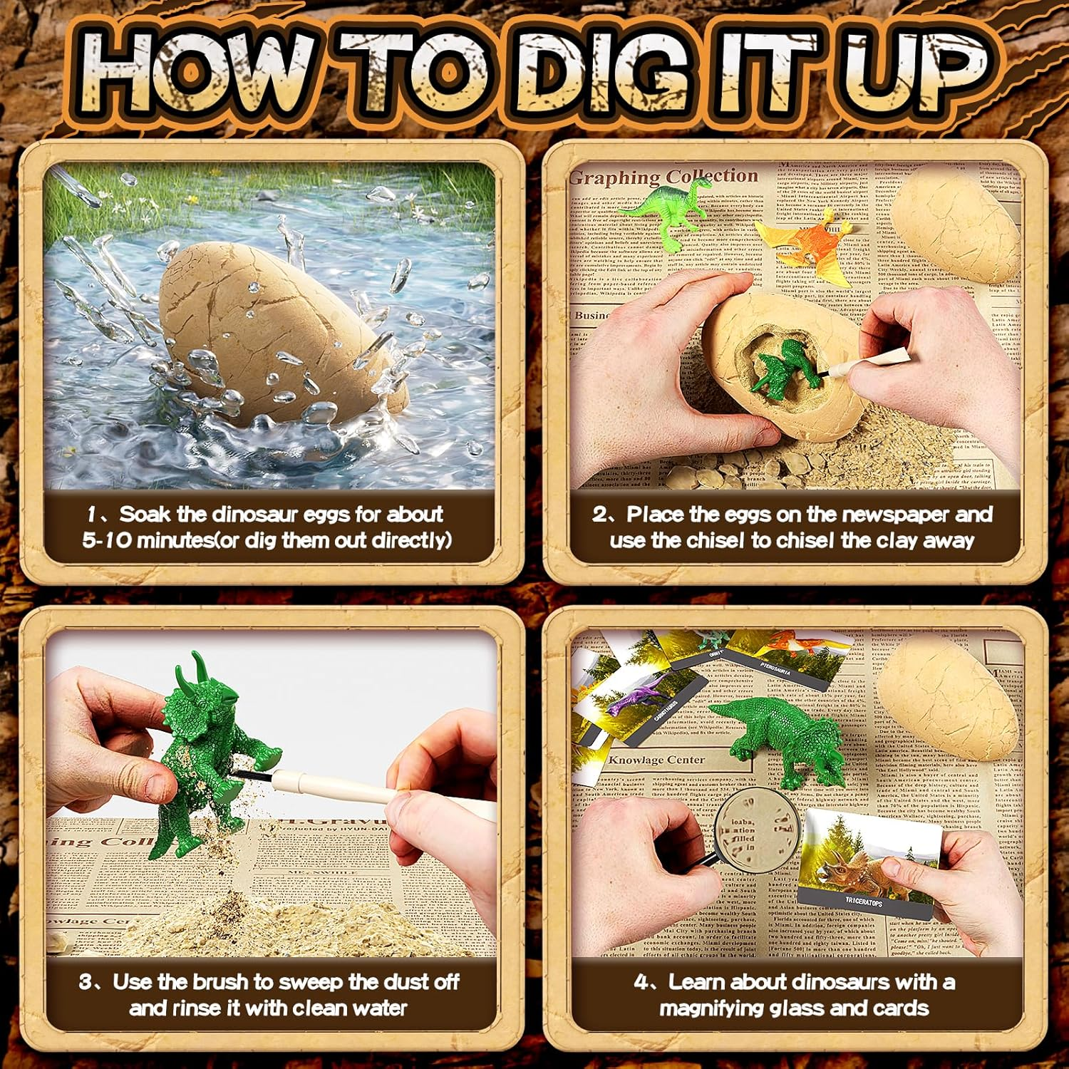 Dinosaur Eggs Dig Kit Toys for Kids, 24 Dino Fossil Eggs Excavation Kit with Magnifier & Newspaper, Science STEM Crafts Christmas Birthday Gifts for Boys Girls Age 3 4 5 6 7 8 9 10 + Years Old image number 1