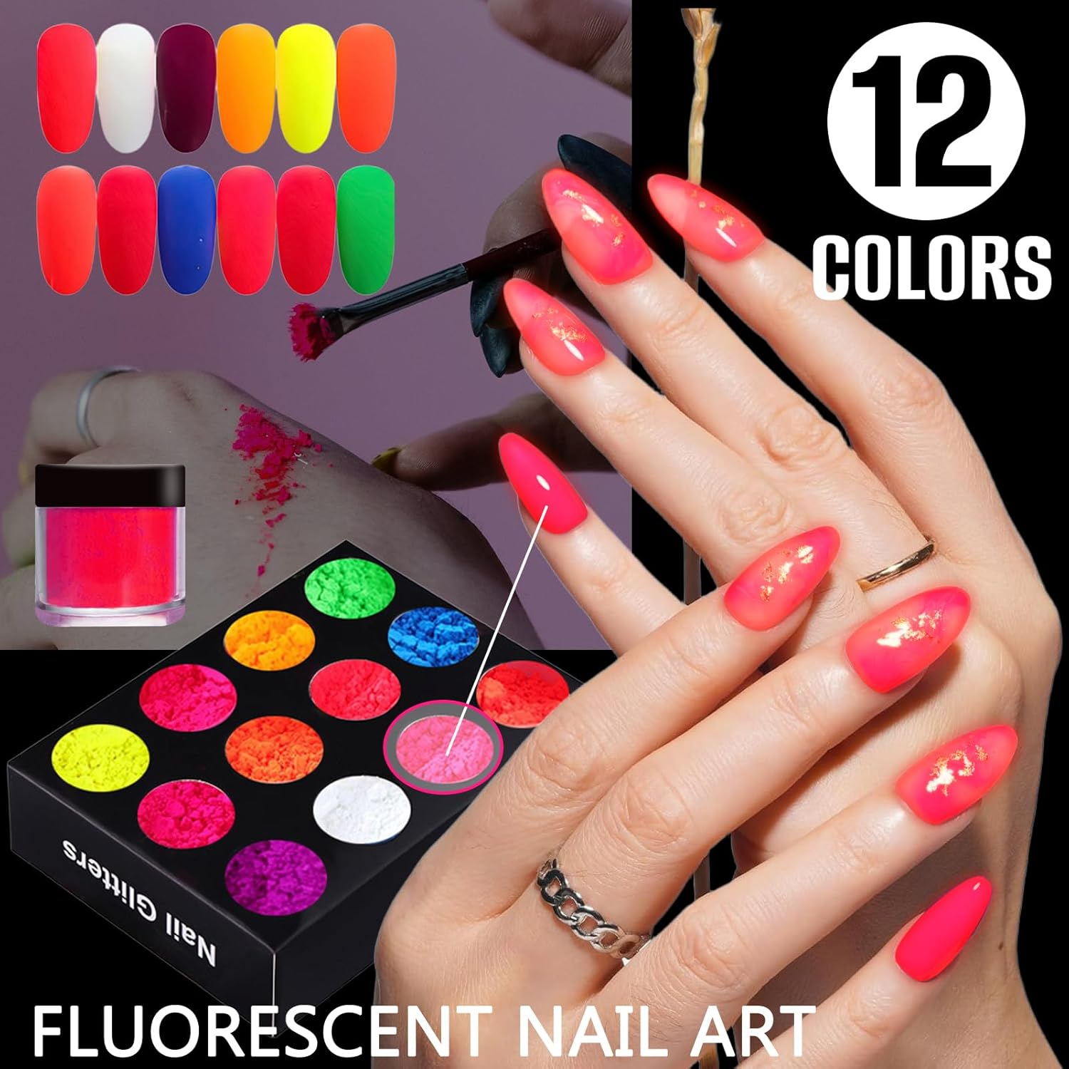 Enmart Fluorescent Nail Powder, Neon Phosphor Pigment Powder Set, Ultrafine Luminous Nail Pigment Dust for DIY Nail Decoration, Waterproof Glitter Eyeshadow, 12 Colors image number 2