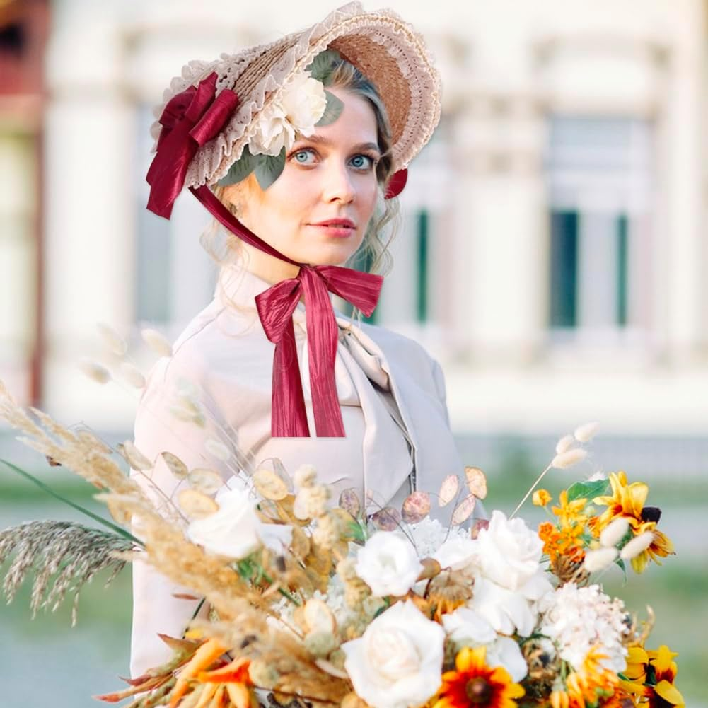 Girls Women Victorian Lolita Flat Bonnet Cap Tea Party Sun Hat Lace Bows Flower Ribbons Straw Hats
