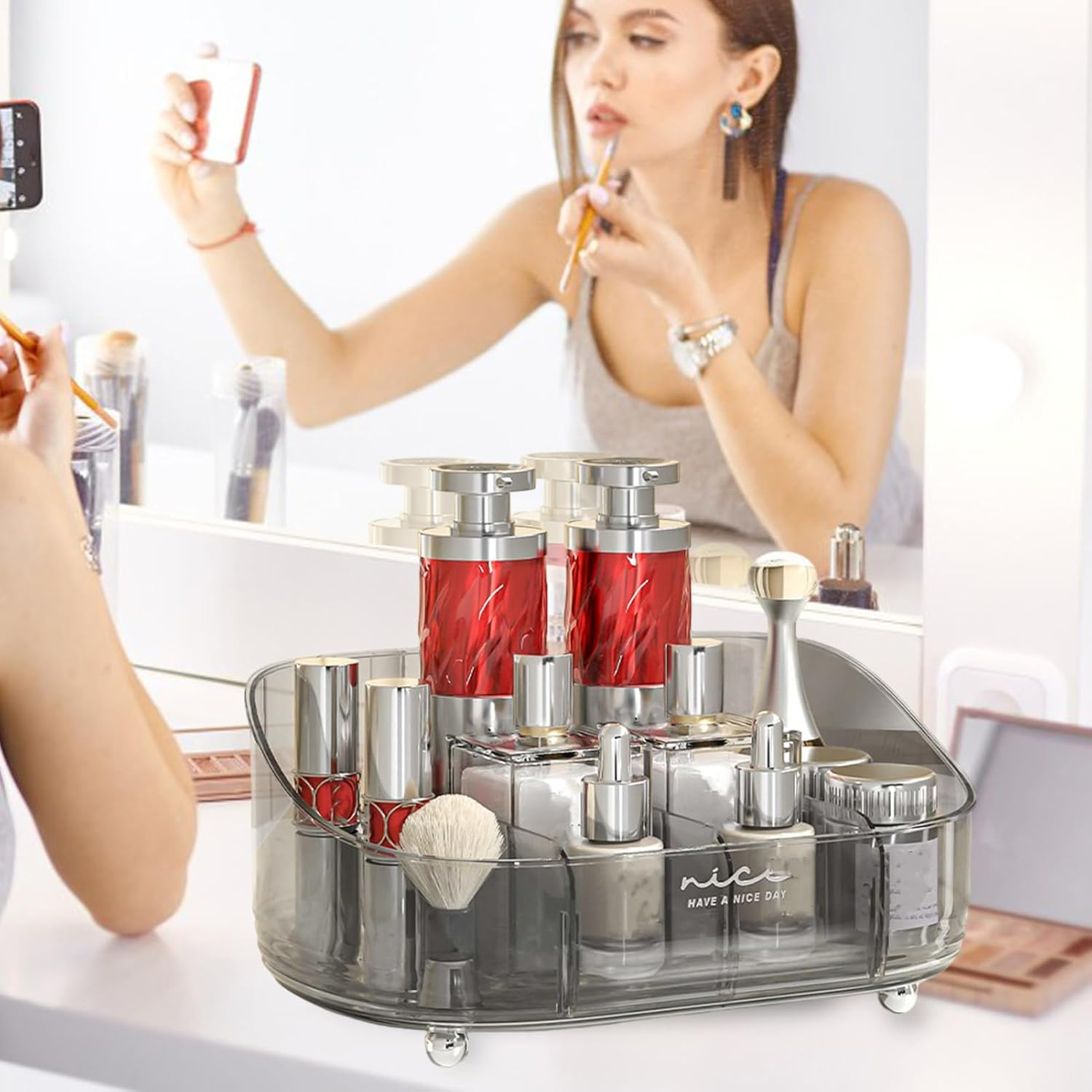Makeup Organizer for Vanity | 4 Compartments Skincare Case Detachable,Cosmetic Organizer - for Display Bathroom Vanity Counter Dresser Desk Dorm Table Skincare image number 2