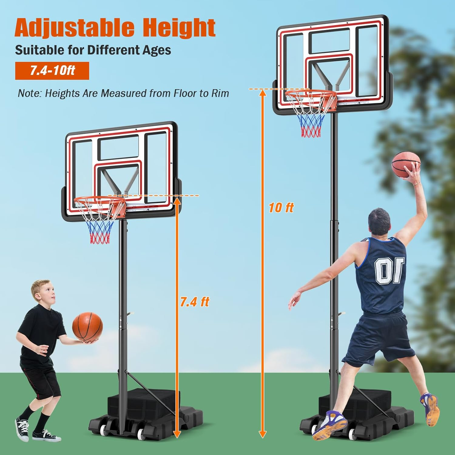 Giantex Basketball Hoop Outdoor - 7.4-10 FT Quickly Height Adjustable Basketball Net W/ 44 Inch Shatterproof PC Backboard, Fillable Base, Portable Basketball Hoop Indoor for Adults, Backyard, Driveway