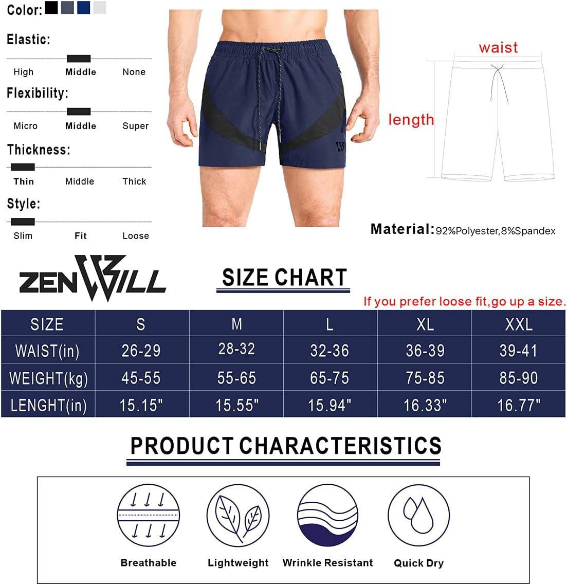 ZENWILL Mens Lightweight Running Sport Shorts Athletic Men Short with Zip Pocket image number 2