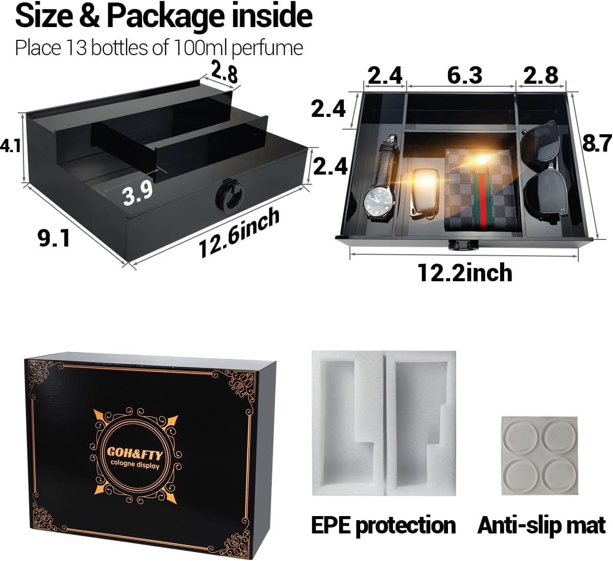 GOH&FTY Cologne Organizer for Men,3 Step Arylic Waterproof Black Cologne Stand with Drawer and Secret Compartment,Perfume Cologne Holder Tray Display Shelf as a Gift for Men in Dresser,Bedroom