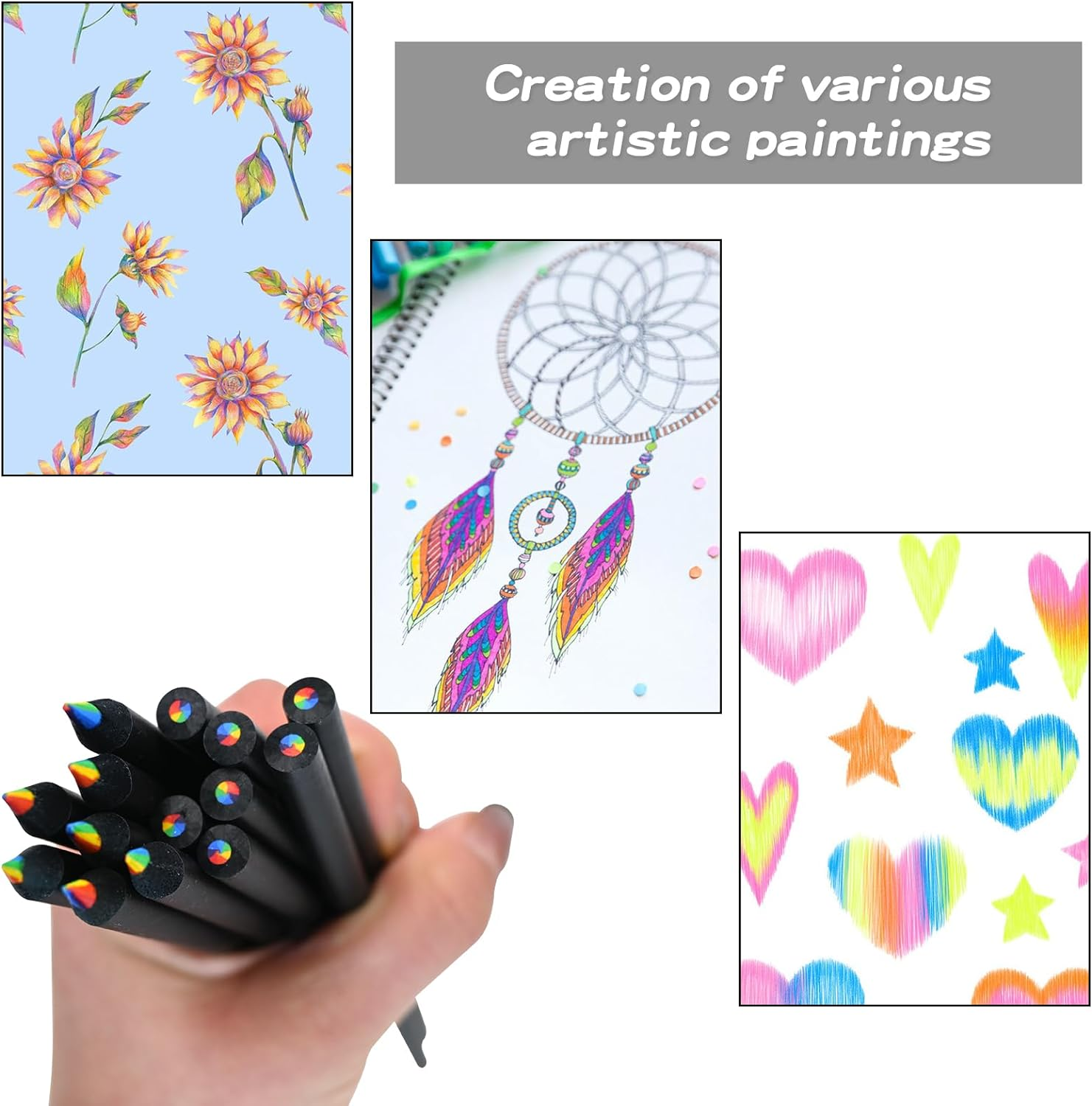 15 PCS Rainbow Colored Pencils, 7-In-1 Coloring Pencil with Sharpener, Black Wooden Multicoloured Colour Pencils, Colorful Pencils for Drawing Coloring Sketching, Cool Fun Art Supplies image number 4