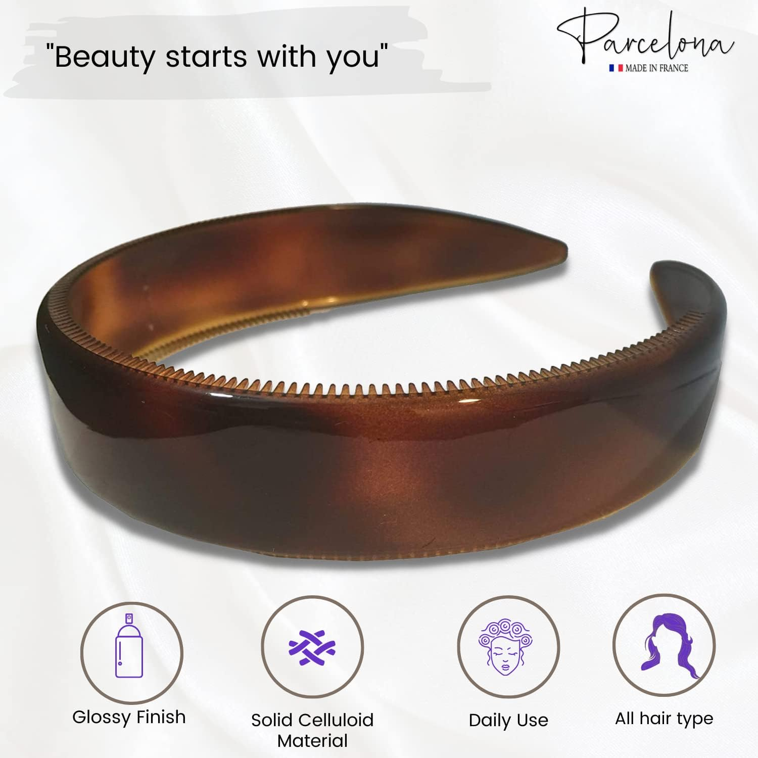 Parcelona French Extra Wide Tortoise Shell Brown Celluloid Inner Nibs Flexible Hair Headband Fashion Headband for Women Strong Hold Grip No Slip Durable Styling Girls Hair Accessories, Made in France image number 2