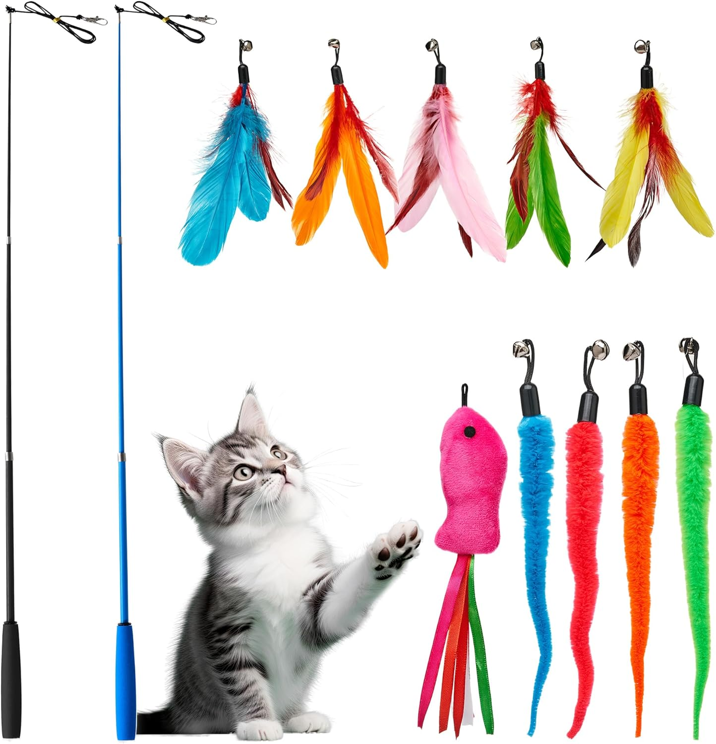Toozey Cat Toy 12 Pieces, Cat Fishing Rod with 2 Pieces Retractable 10 Cat Toy Replacement Feathers, Cat Toy Self-Employment with Feather/Bug/Fish Bell, Interactive Cat Toy Set image number 2