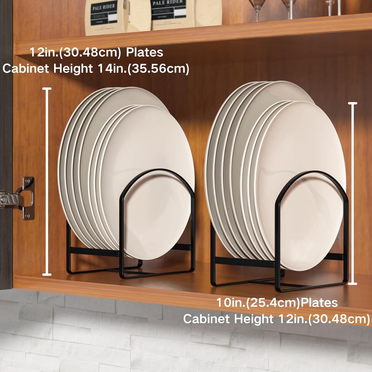 4 Pack Kitchen Plate Holder Organizer for Cabinet Space Saver Dinner Dish Plate Storage Rack Upright Dish Drying Racks Metal Dish Racks Stand for Cupboard and Countertop 2 Large 2 Small Black image number 1