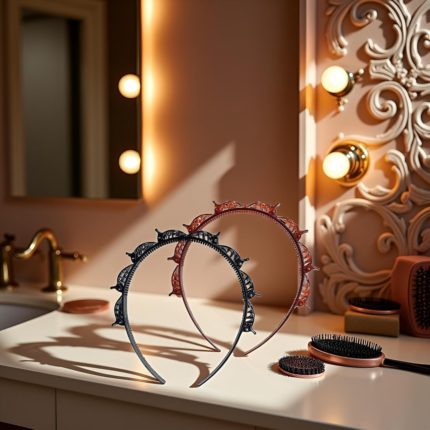 4Pcs Double Bangs Hairstyle Hairpin Headband with 8 Small Clip,Women Double Layer Twist Plait Hair Tools for Curly,Thick Hairs,Toothed Hair Bands Braid Tool Hair Accessories,Black and Reddish Brown image number 1