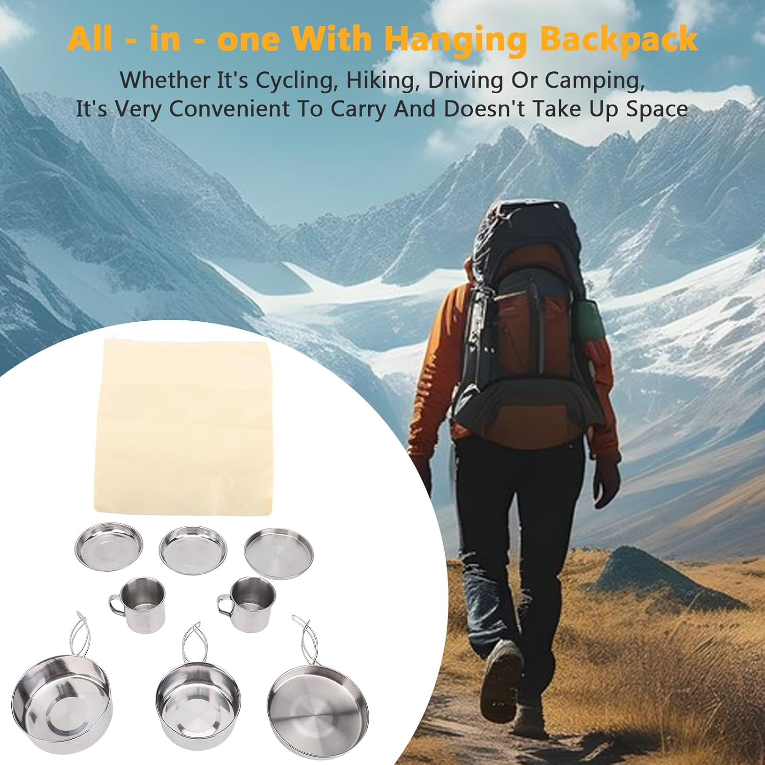 Aomiun Camping Cookware Set 4 PCS Stainless Steel Pots Pans Plate Cup with Leak-Proof Lid for Outdoor Camping Hiking Picnic for 2-3 People