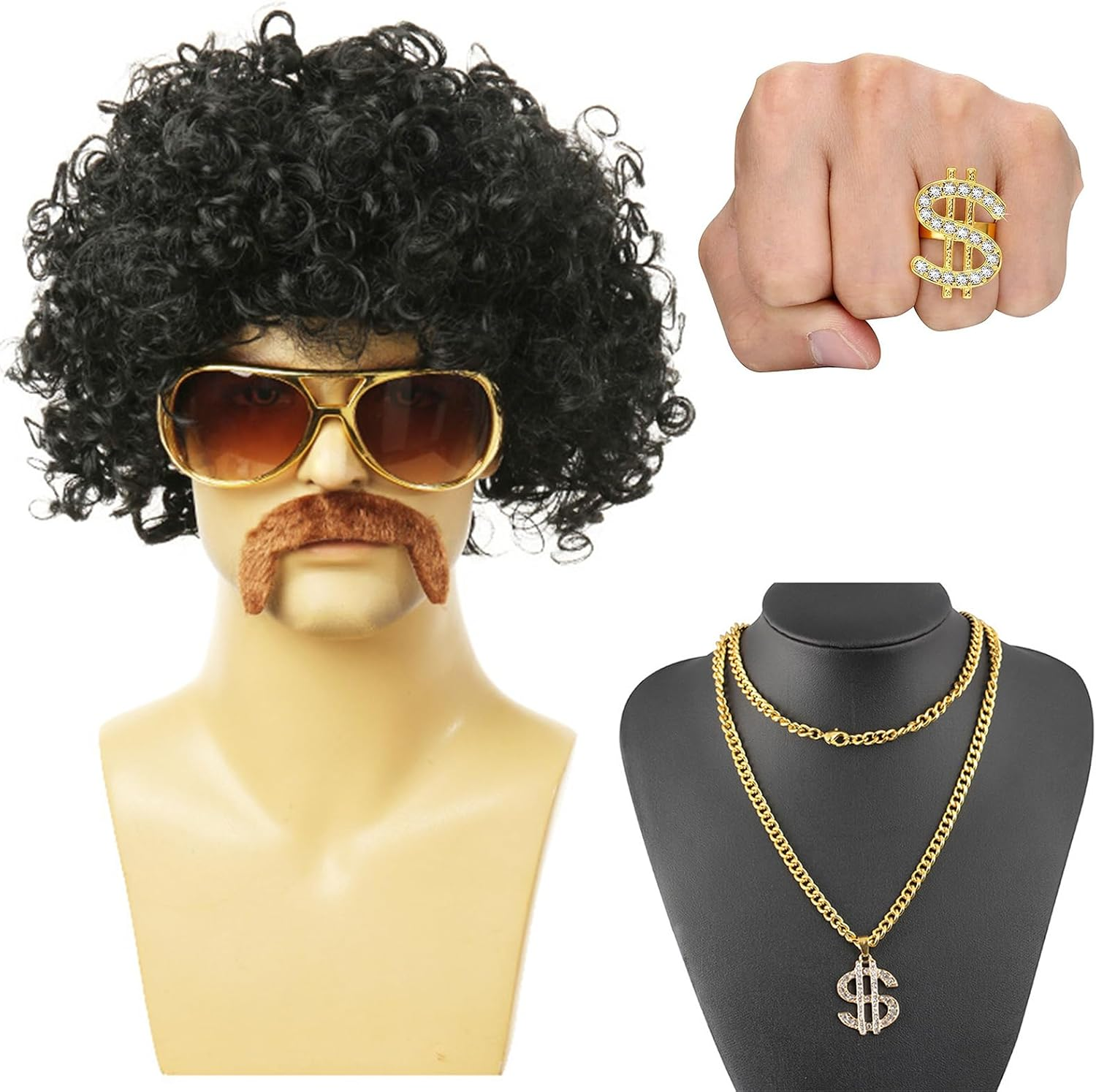 6 Pcs Hip Hop Wig Kit, Mens 70S/80S Disco Costume Set, Hippie Wig/Punk Sunglasses/Dollar Sign Finger Ring and Necklace/False Beard Theme Party Cosplay Accessories image number 3