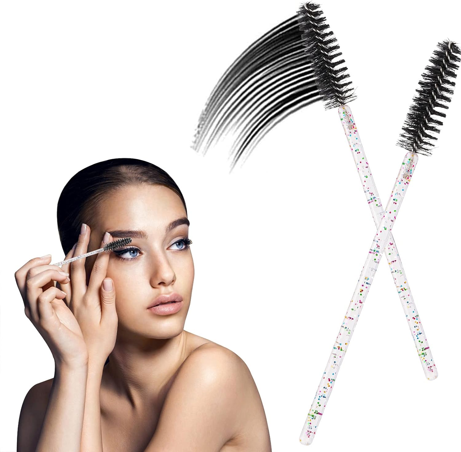 100 Pcs Crystal Eyelash Mascara Brushes Wands Applicator Makeup Sticks Disposable Eyebrow Spoolie Brush - Black - Crystal-Pink image number 6