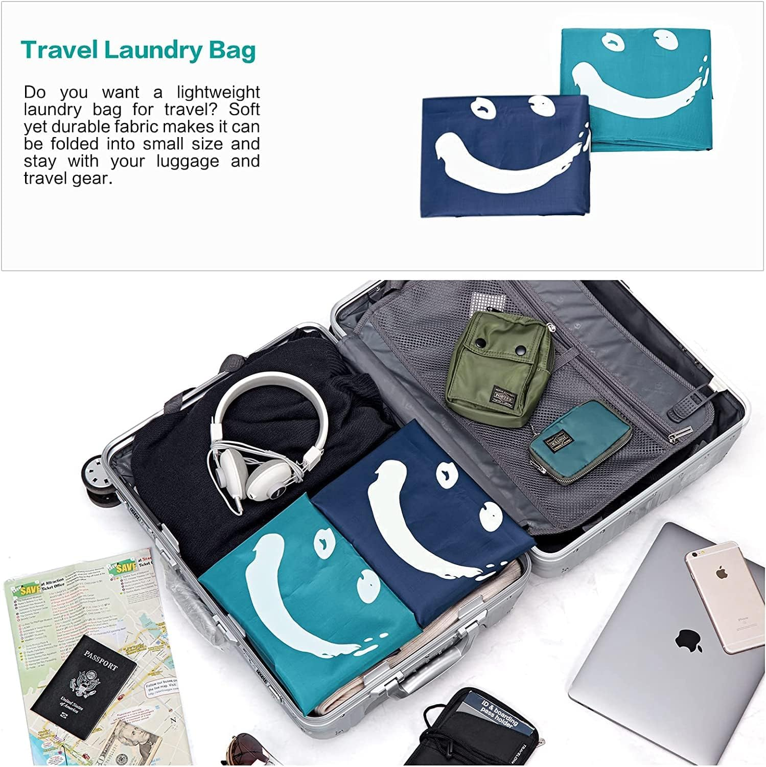 CJWLKJ 2 Pack XL Travel Laundry Bag with Strap, Dirty Clothes Organizer, Carry up to 4 Loads of Laundry, Easy Fit a Laundry Hamper or Basket, Sky Blue and Blue image number 6