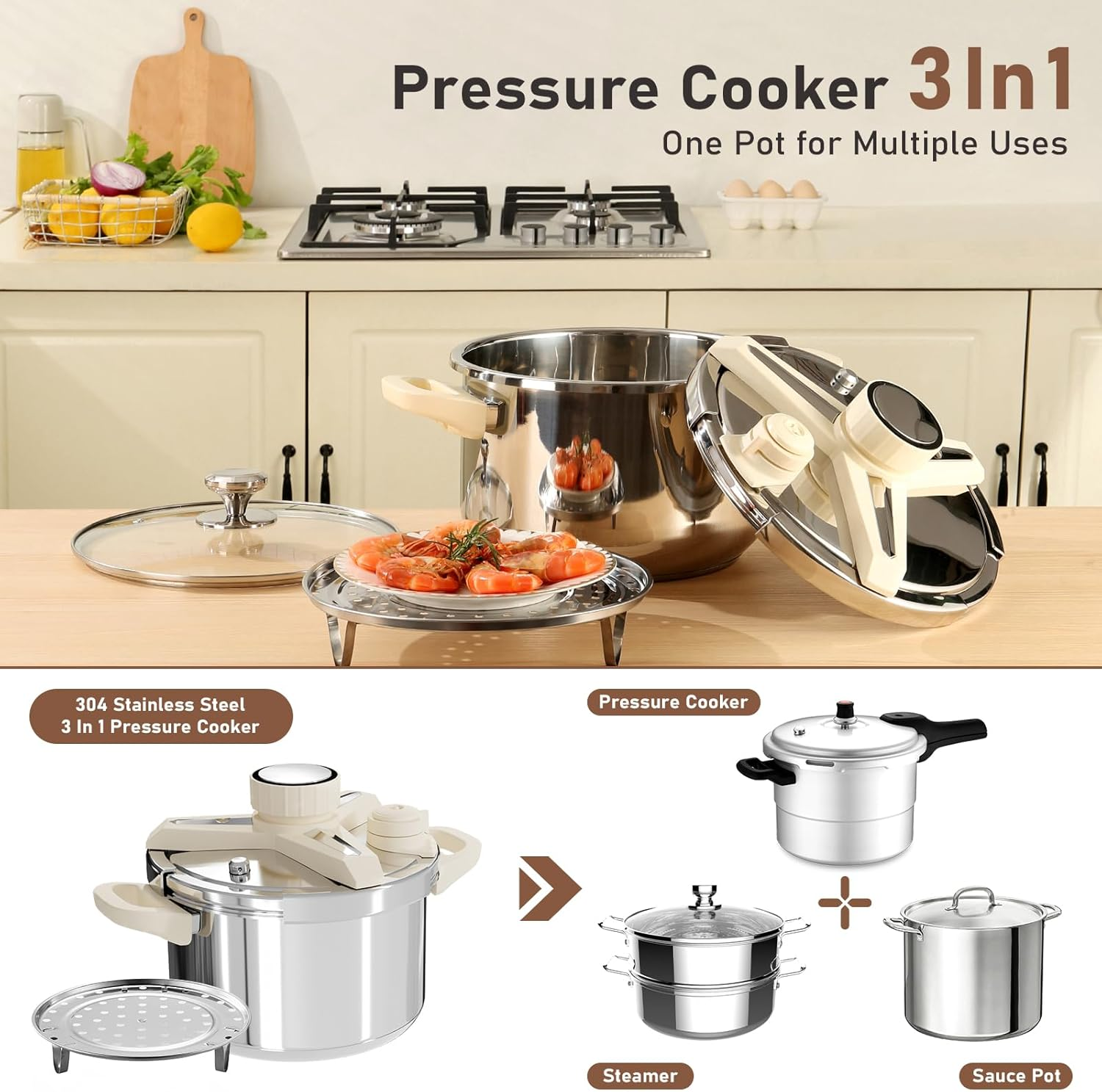 7L Stainless Steel Pressure Cooker,10 Pcs Olla De Presion Set, Cooking Pressure Cooker with 3 Psl Settings Release Valve & Multiple Protective Devices, Compatible with Induction and Gas Stovetops - Silver image number 3