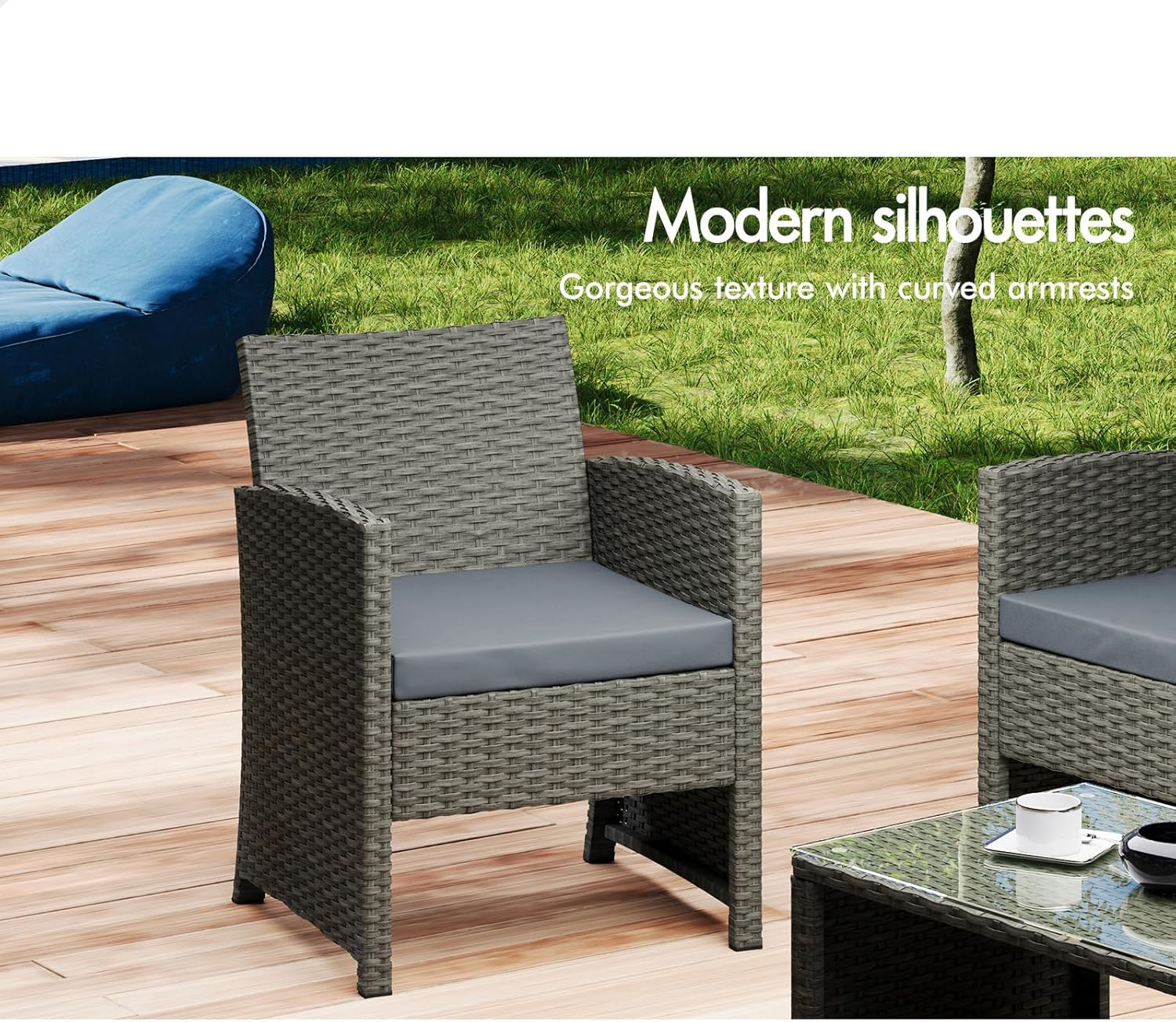 ALFORDSON Outdoor Patio Furniture 4Pcs Conversation Set, Wicker 4 Pieces Lounge Chair & Glass Coffee Table Setting, Steel Frame Garden Rattan Sofa with Cushions and Back Pillows, Dark Grey image number 1