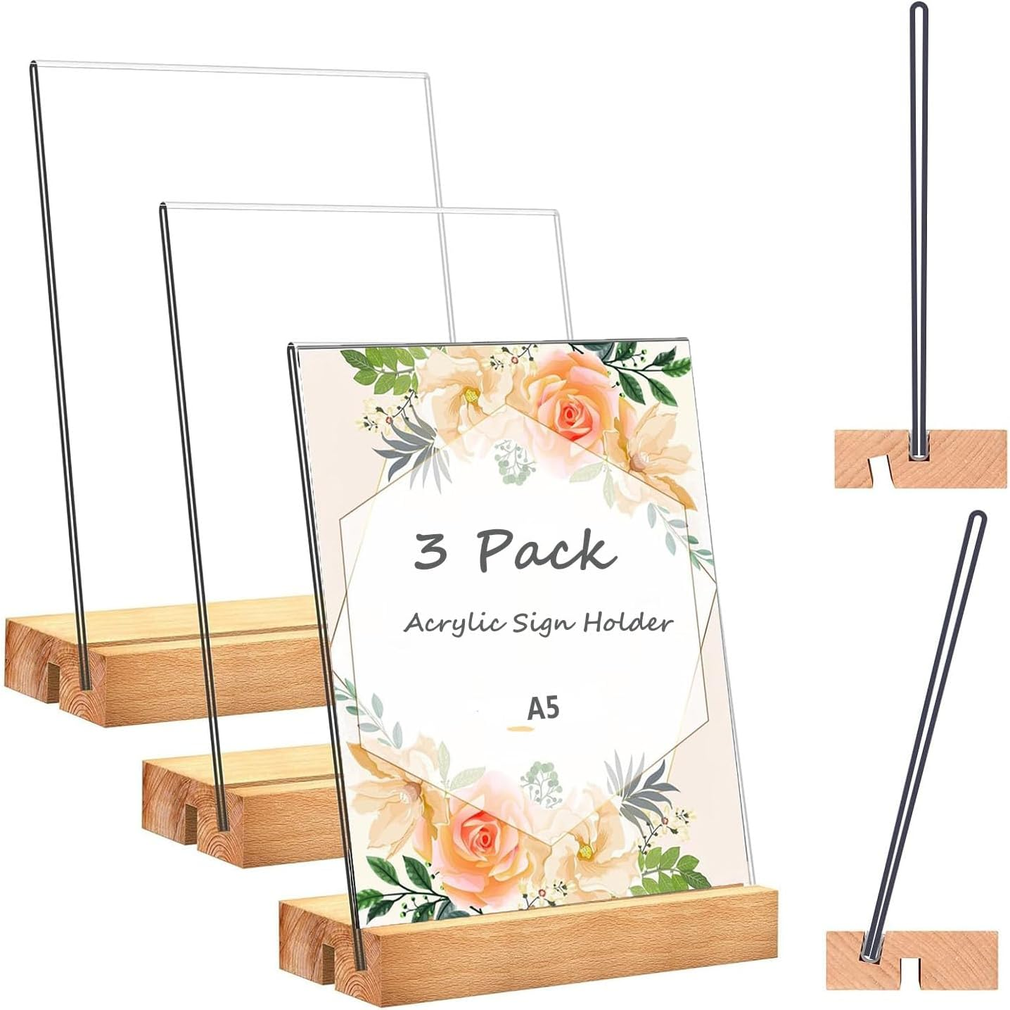 3 Pack A5 Acrylic Sign Holder with Wood Base,Clear Table Display Stand,L/T Shape Vertical & Slant Back Display,Double-Sided Tabletop Display Stand for Wedding, Restaurant, Store, Office, Hotel image number 1