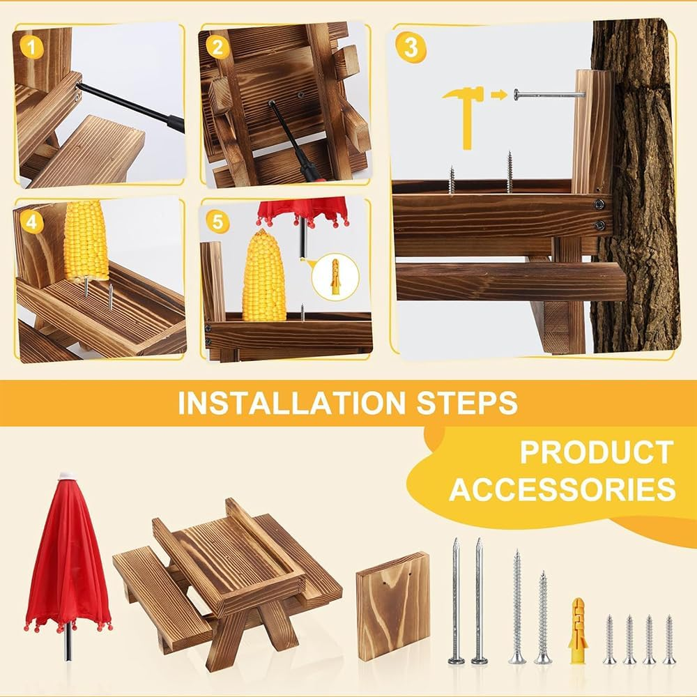 HYAVIA Wooden Squirrel Feeder with Umbrella &ndash; Picnic Table Design with Corn Holder, Hanging Chipmunk Feeding Station for Outdoors, Solid Screwed Wood image number 2