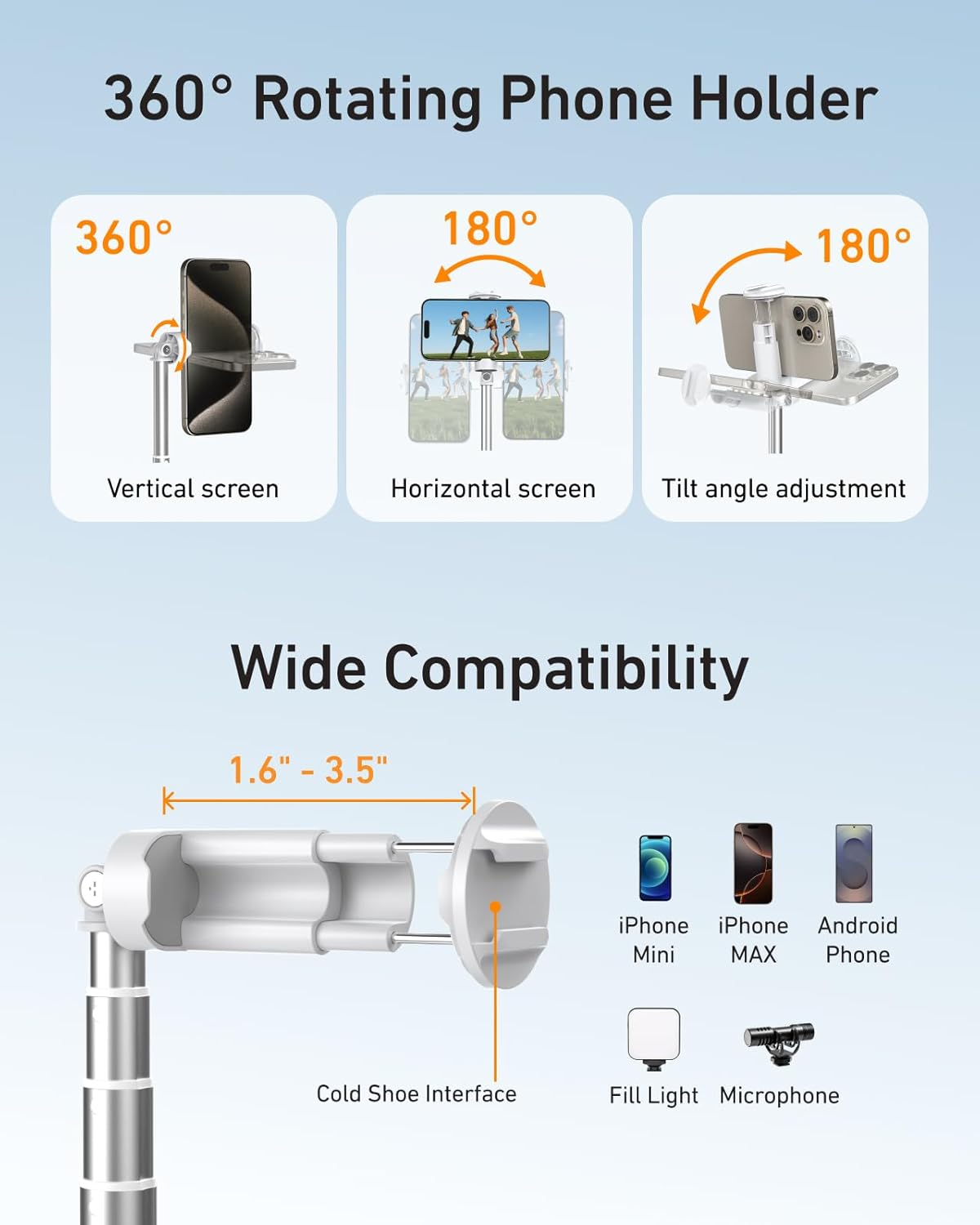 TELESIN 70" Phone Tripod Stand, Gravity-Activated Auto-Open Selfie Stick, Extendable Cell Phone Stand with Magnetic Bluetooth Remote, 360&deg; Adjustable Travel Phone Tripod for Iphone/Android image number 4