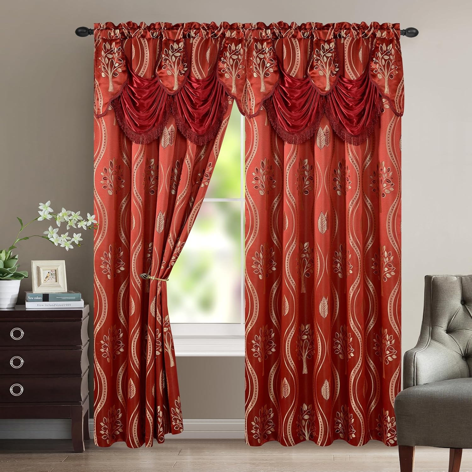 Elegant Comfort Aurora Jacquard Look Curtain Panel Set with Attached Valance 54" X 84 Inch (Set of 2), Sage