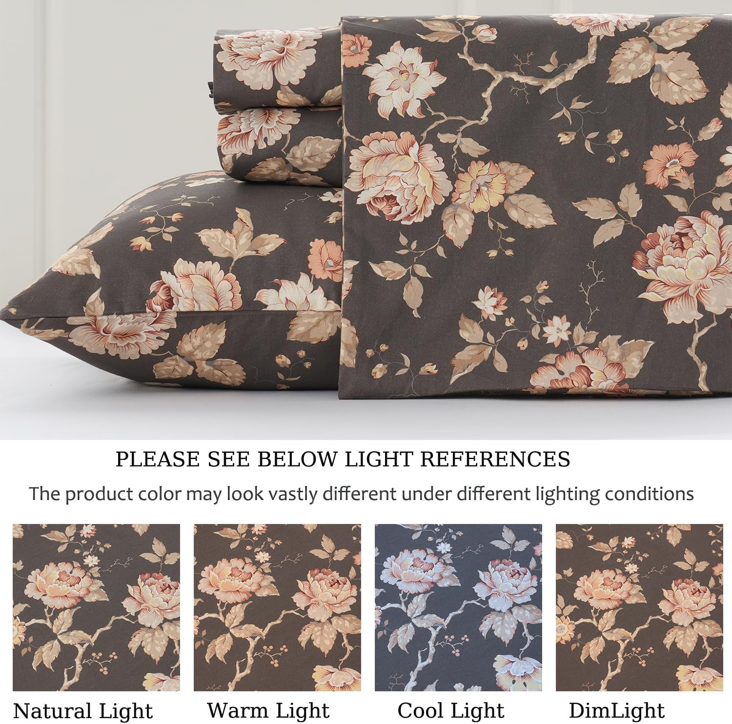 Zusbest Dark Brown Floral Bed Sheets Set - Queen Size Percale Cotton Shabby Rustic Peony Flower Print Bed Sheets - Soft Breathable Mocha Classic Vintage Bedding 4 Pcs Deep Pocket Flower Bed Sheets image number 7