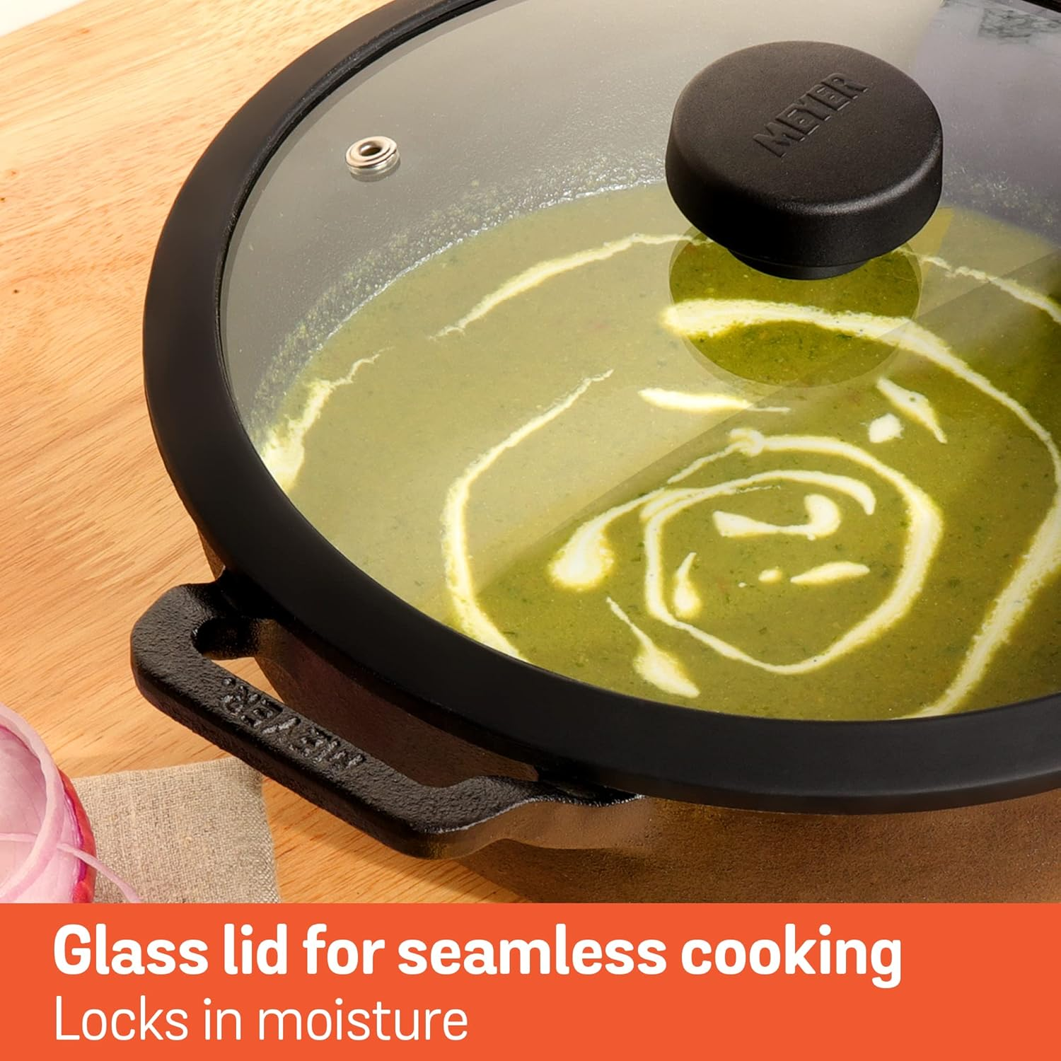 Meyer Pre-Seasoned Cast Iron Wok 24Cm with Tempered Glass Lid, Kadai, Induction Compatible Cast Iron Pan, Oven Safe, Black image number 3