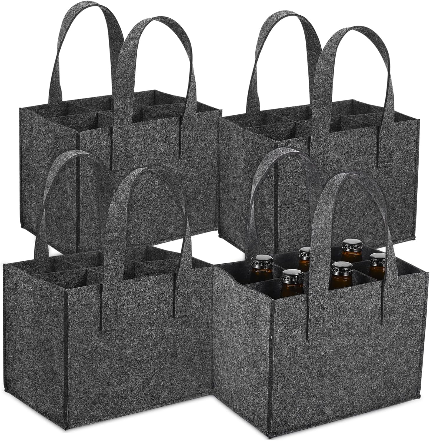 HYTROVE Reusable Felt Wine Tote Bag with Divider for 6 Bottles Medium Grey Felt Bottle Handbag Wine Storage Carrier for Travel and Set of 4 image number 6