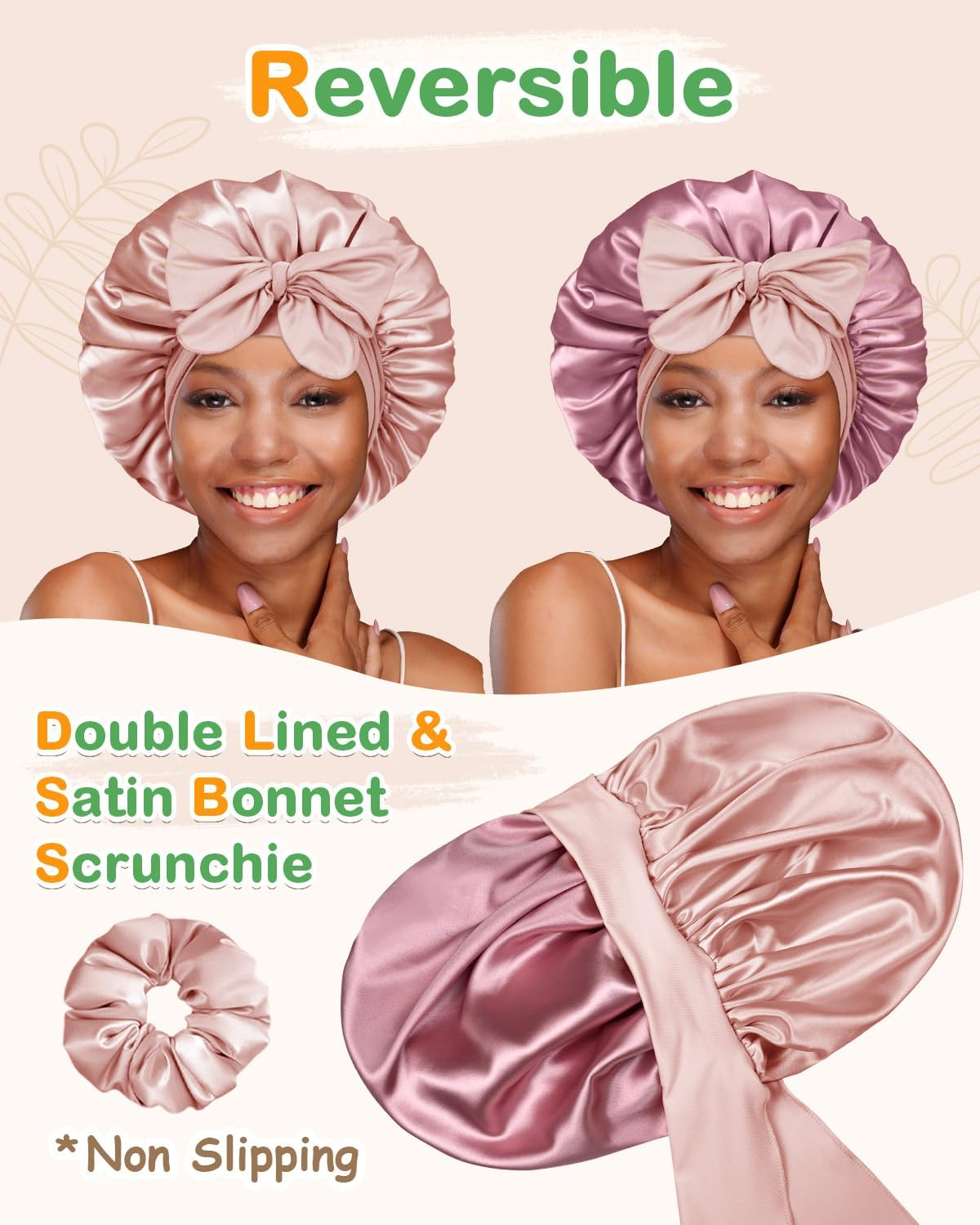 BONNET QUEEN Silk Bonnet for Sleeping Women HYALURONIC Acid Double Layer Satin Bonnet for Curly Hair with Tie Band & Scrunchie image number 3