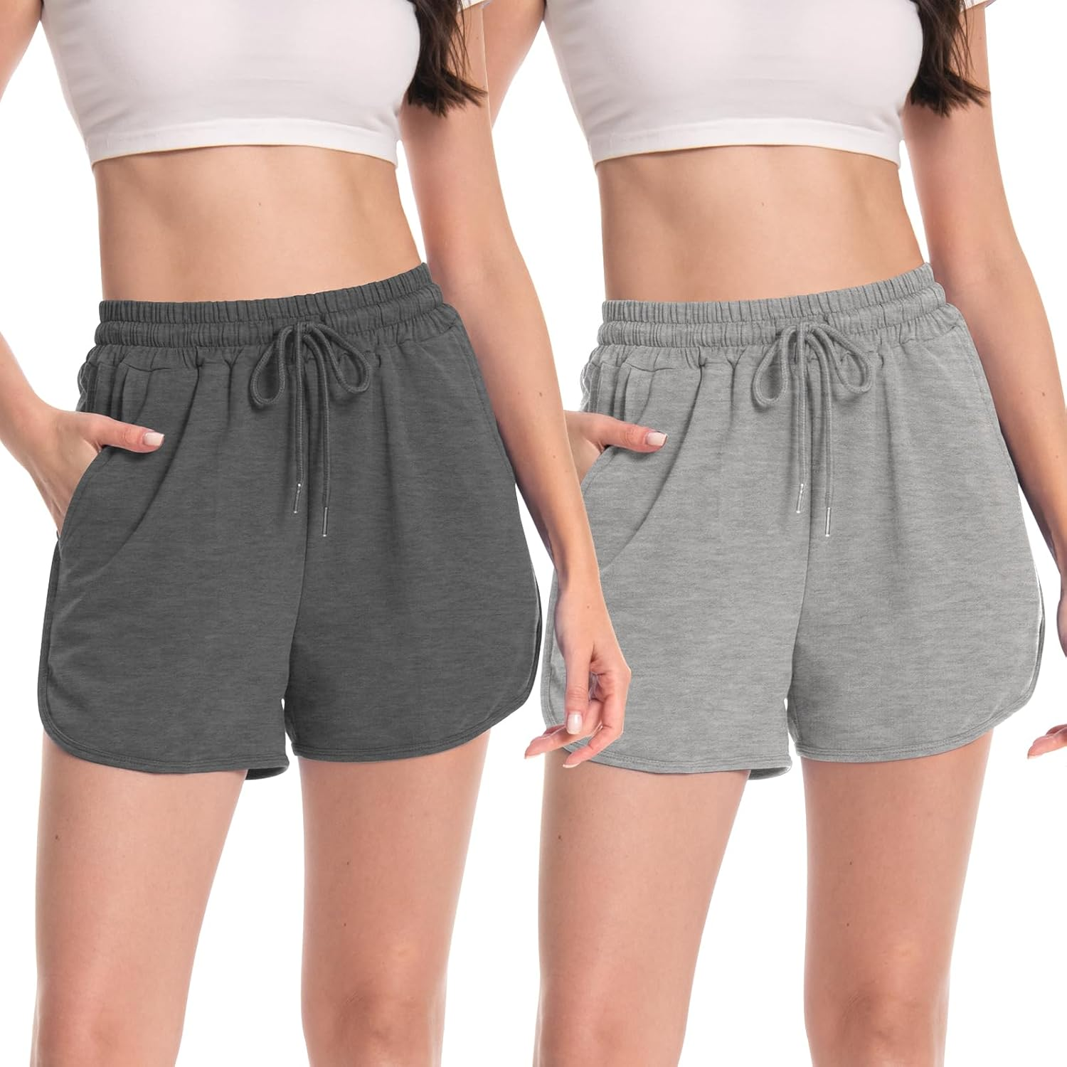 Rolcoassuns 2 Pack Womens Running Shorts Jogger Casual Cotton Sweat Shorts Comfy Lounge Bermuda Hiking Sports Athletic Tracksuit Bottoms with Pockets