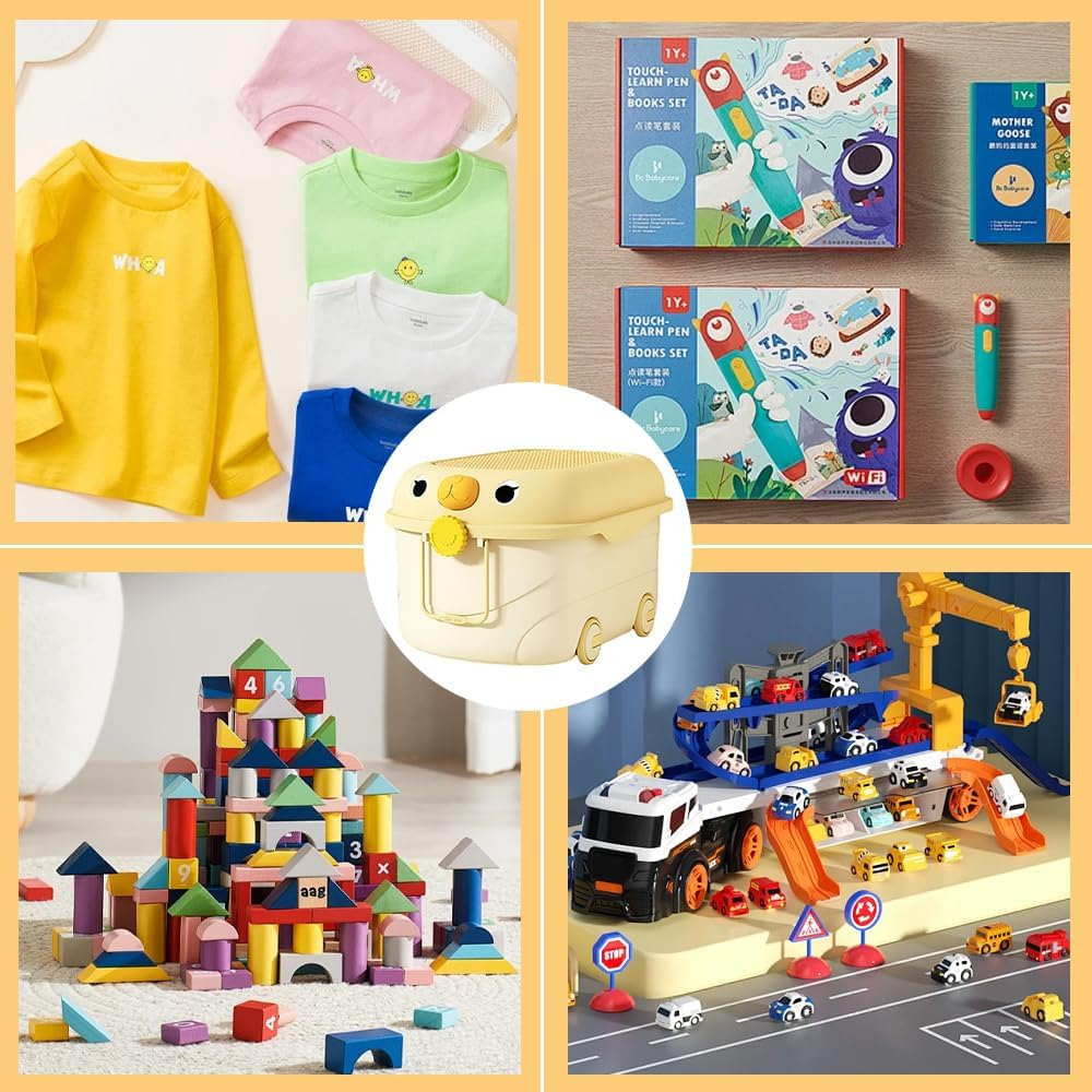 Cartoon Duck-Shaped Storage Box,Toy Storage Baske with Casters and Handle,Creative Building Block Top Cover Basket,Space Saving Baby Clothes Storage Case,For Playroom Kids,Family 43X63.5X36Cm image number 5