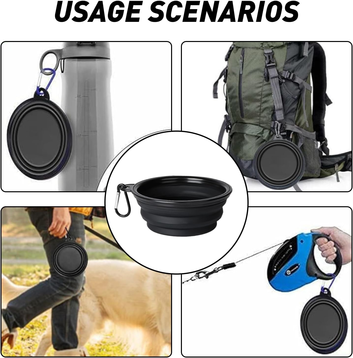 Extra Large Collapsible Dog Bowl, 1000Ml Foldable Travel Bowl for Dogs with Carabiner, Bpa-Free Silicone Food and Water Dish Perfect for Hiking, Camping, and Travel, 17.8Cm, Black XL Size image number 3