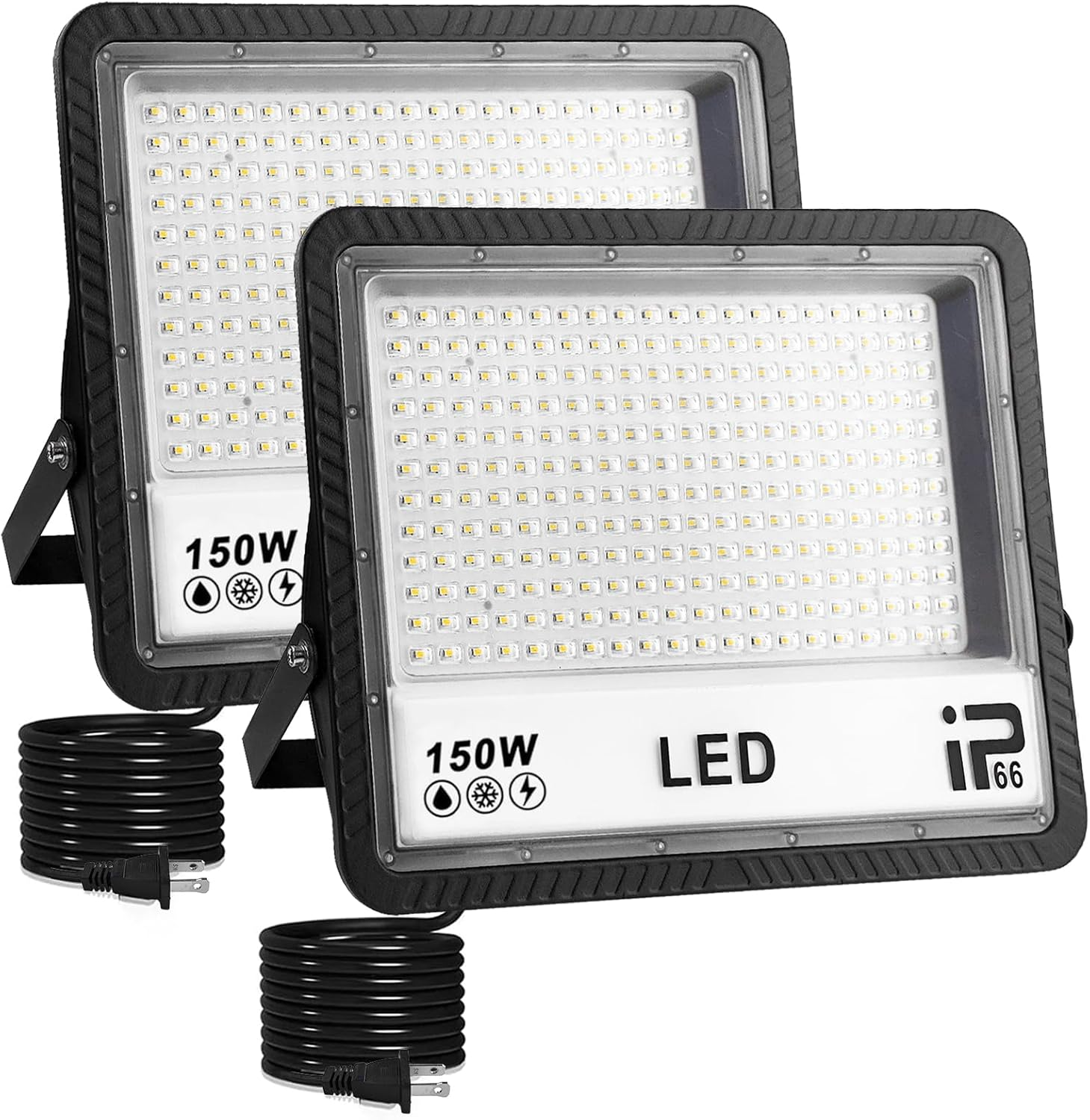 LED Flood Lights Outdoor, 2 Pack 150W 15000LM Bright Floodlight outside Work Light with Plug, IP66 Waterproof 6500K Outdoor LED Flood Light for Garage, Yard, Lawn, Garden image number 2