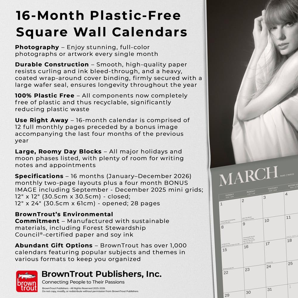 Taylor Swift Official 2026 12 X 24 Inch (Hanging) Monthly Square Wall Calendar Plastic-Free image number 1