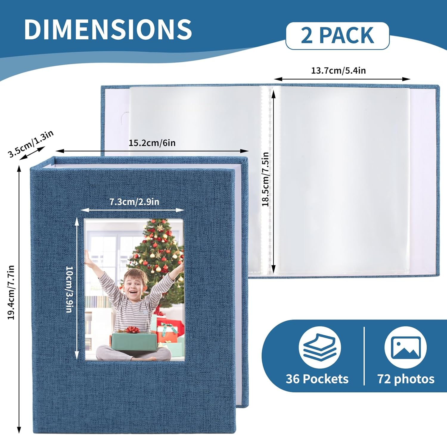 Vivinin 2 Pack Photo Album 5X7, Linen Cover Photo Book, Small Photo Album Book for 36 Pockets Hold 72 Pictures, Picture Book for Photos Family Anniversaries Baby Vacations (Blue)