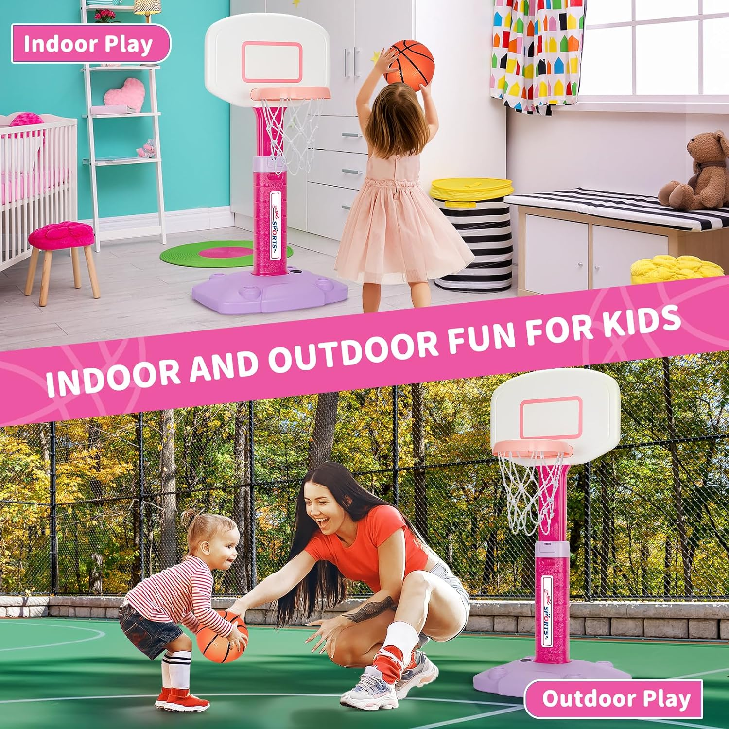 Toddler Basketball Hoop Indoor for Age 1-3, Adjustable Kids Basketball Hoop, Pink Mini Basketball Hoop with 3 Balls for Outdoor Poolside, Birthday Christmas Sport Toys for Baby Boys Girls 2 3 4 5 image number 3