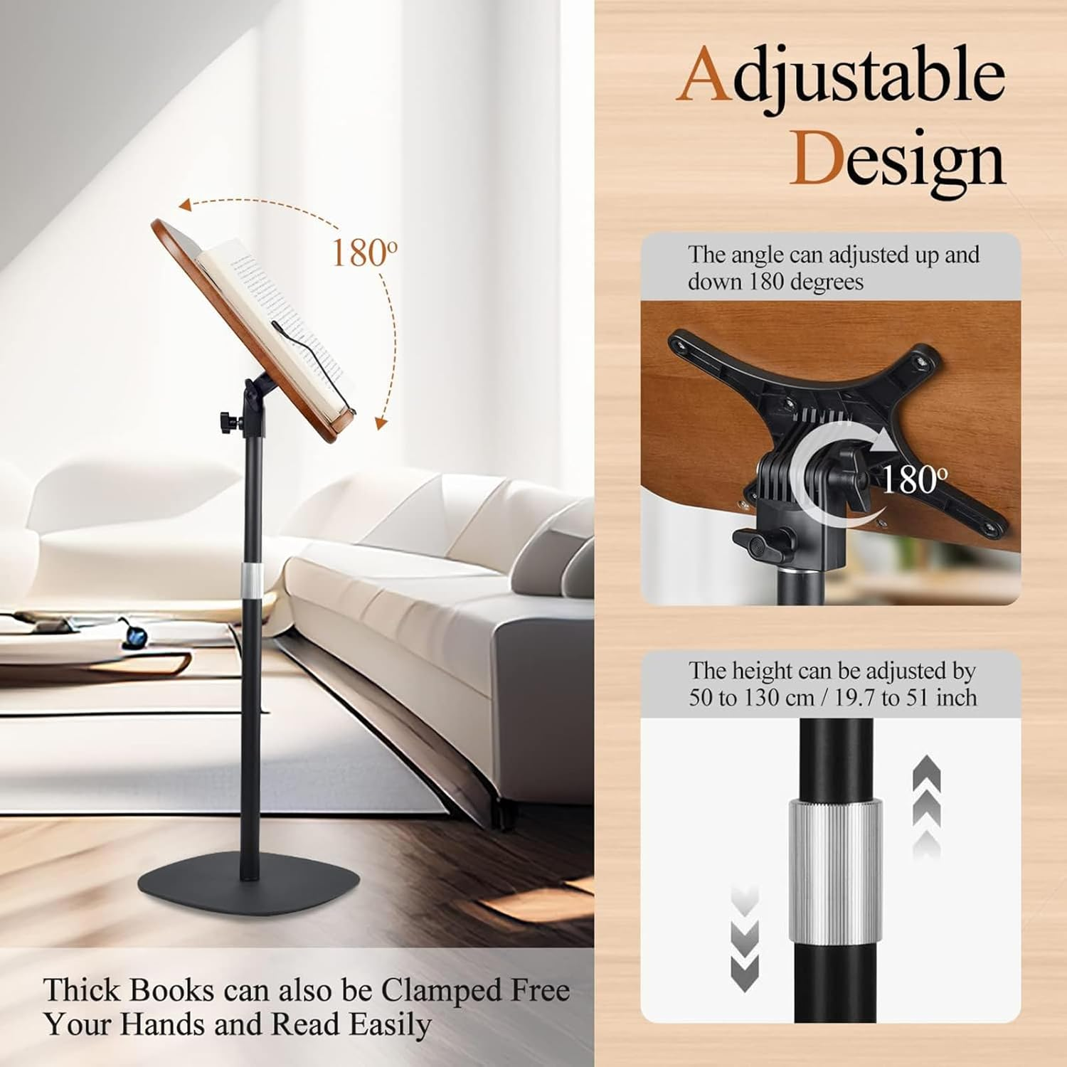 Ssumght Book Stand for Reading Hands Free,80-130Cm Standing Bible Laptop Projector Recipe Tablet Stand for Display,Height & Flat Plate Adjustable for Podium Stand,Wooden Floor Recipe Book Holder image number 2