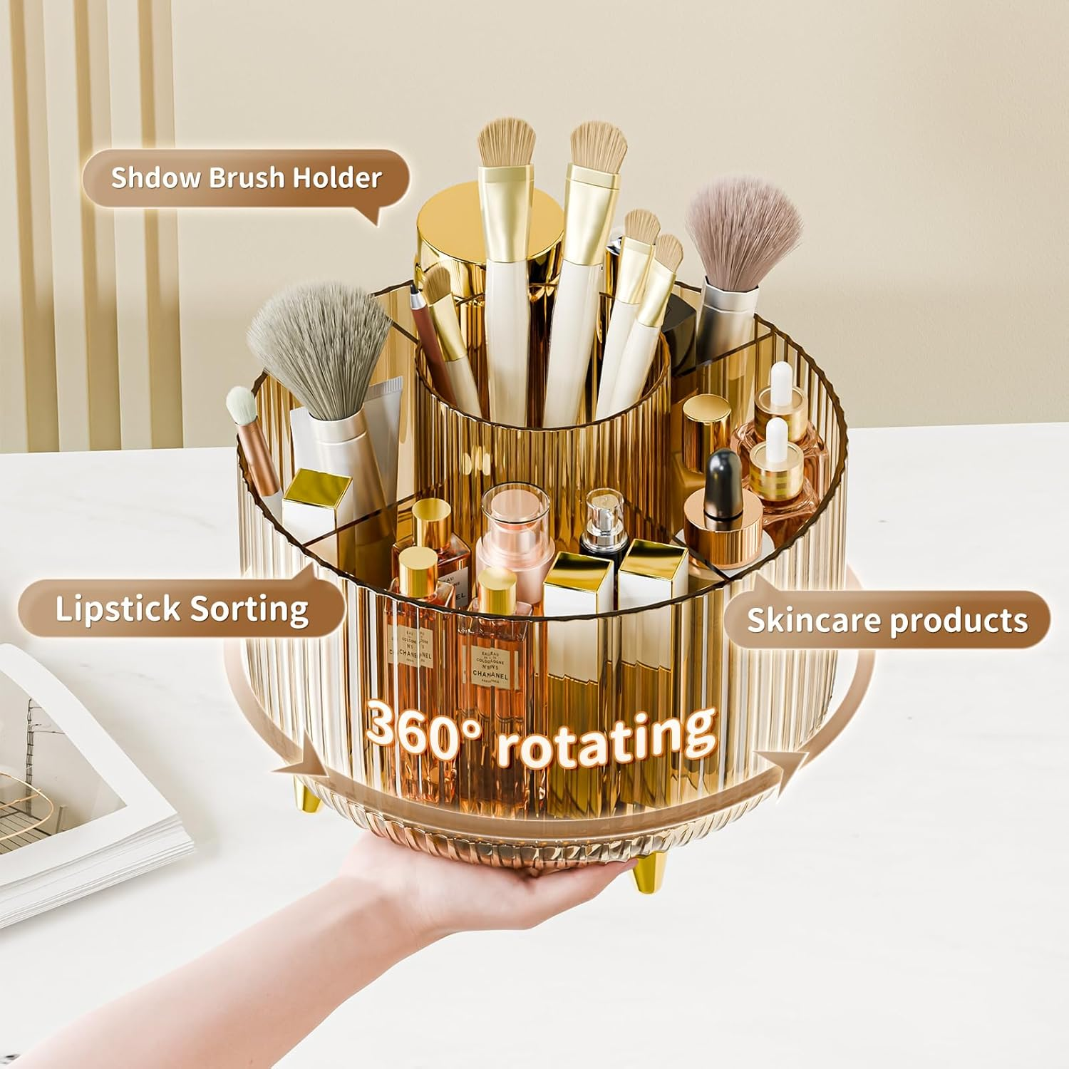 Fanado 360&deg; Rotating Makeup Organizers Countertop, 5 Slot Makeup Brush Holder Organizer for Cosmetics, Skincare Storage Beauty Holder for Eyeliner Lipstick on Bathroom Vanity(Clear Amber) - Clear Amber image number 5