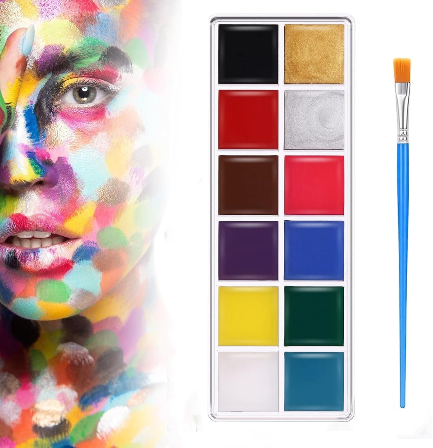 12 Color Face Painting Kit, Professional Body Paint Palette Set, Matte Shimmer Washable Make up Palettes with Brush, Professional Face Paint for Festivals Parties Halloween Makeup Cosplay image number 6