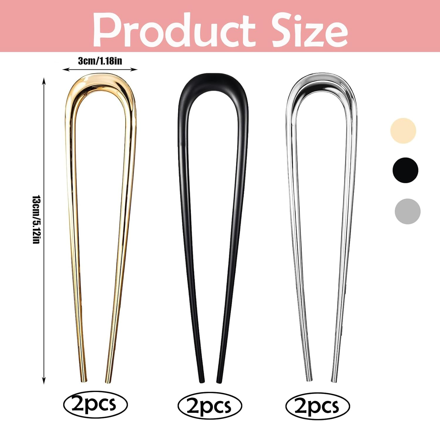 U Shape Hair Fork, 6 Pieces, Gold, Silver, Black, Elegant U Shape Hair Clips for Updo image number 5
